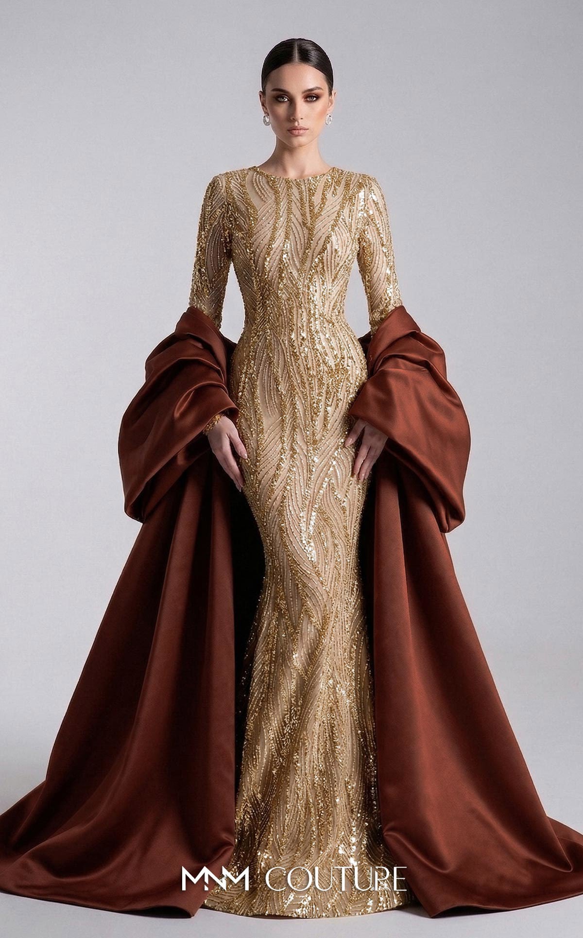 Crew/High-Neck Floor-Length with Train Sequin Formal Sheath/Column MNM Couture F03004