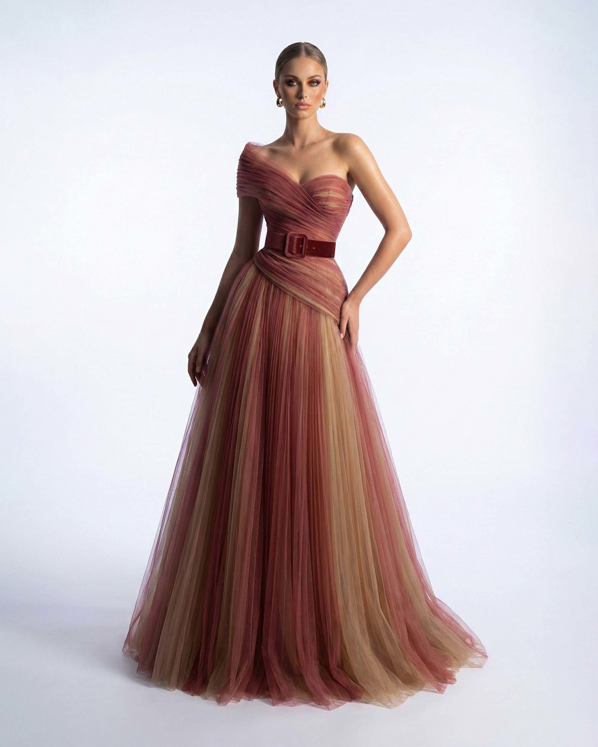 One-Shoulder Floor-Length Tulle Formal A-Line MNM Couture F03008