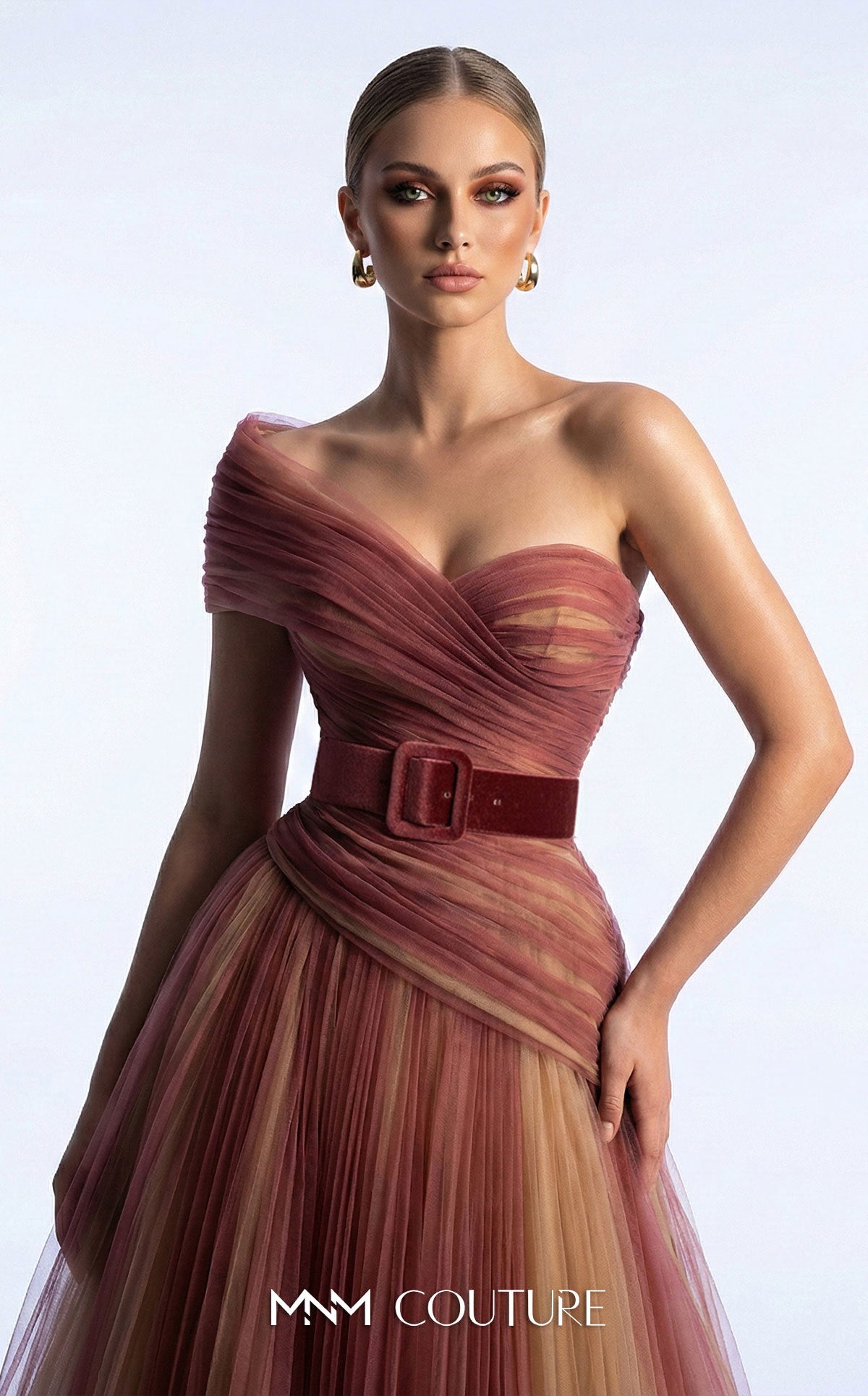 One-Shoulder Floor-Length Tulle Formal A-Line MNM Couture F03008