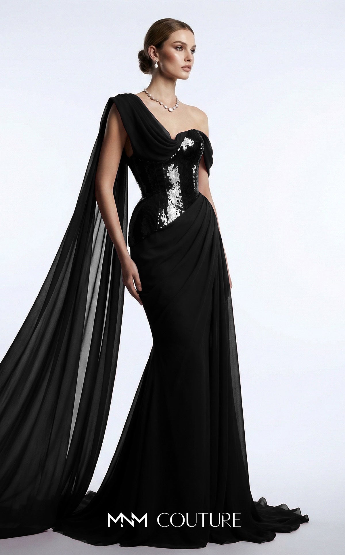 One-Shoulder Floor-Length with Train Chiffon Formal Mermaid/Trumpet MNM Couture F03017
