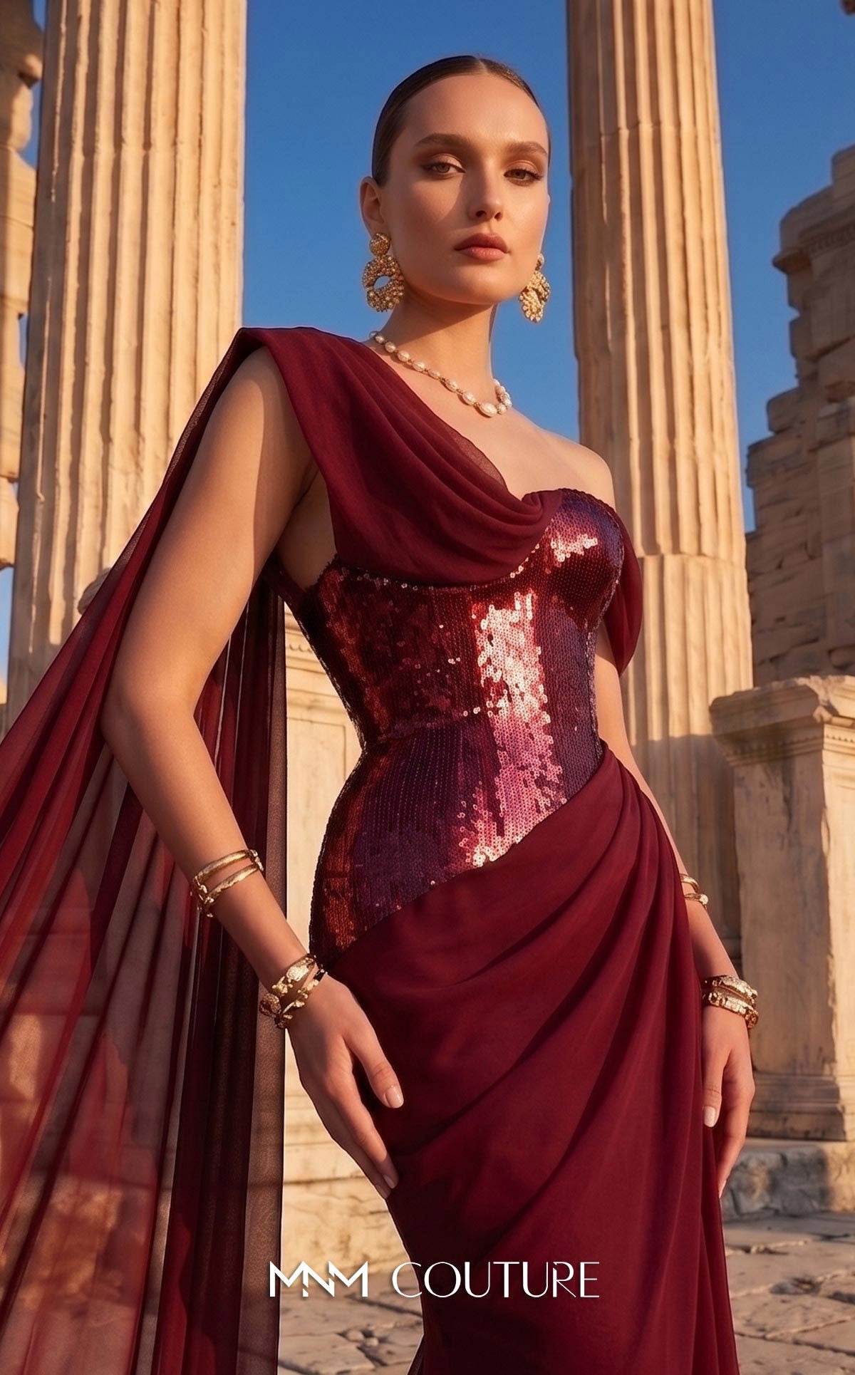 One-Shoulder Floor-Length with Train Chiffon Formal Mermaid/Trumpet MNM Couture F03017