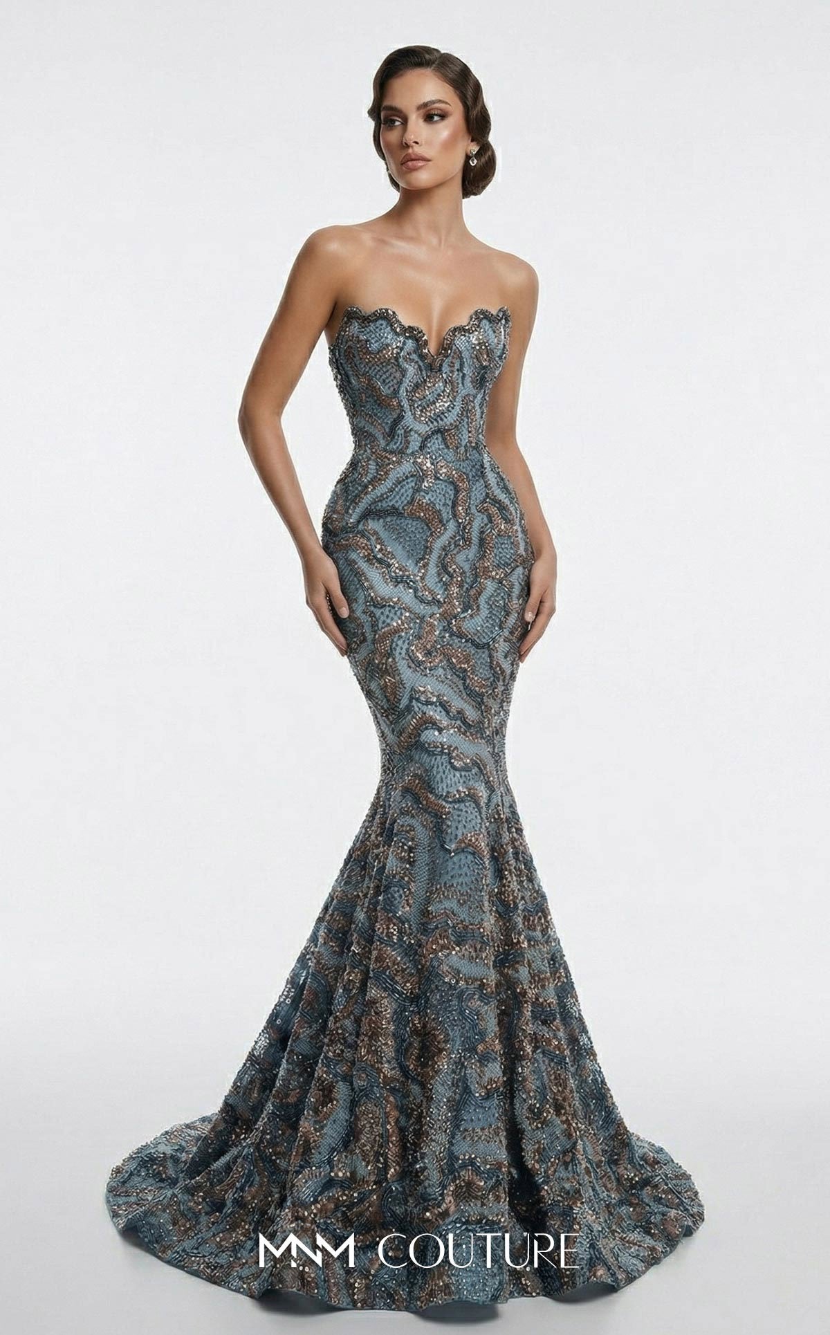 Blue Strapless Floor-Length Beaded Prom Dress Mermaid Gown MNM Couture F03018