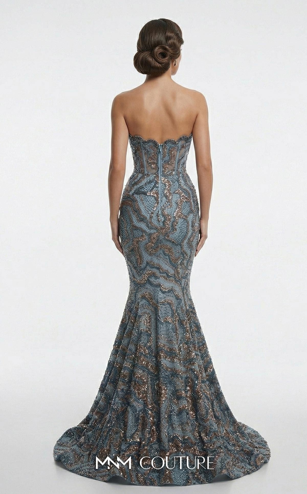 Blue Strapless Floor-Length Beaded Prom Dress Mermaid Gown MNM Couture F03018