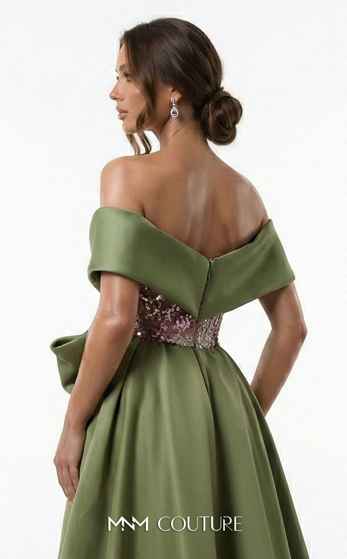 Off-Shoulder Sequin Gown with Overskirt by MNM Couture F03024 in Olive