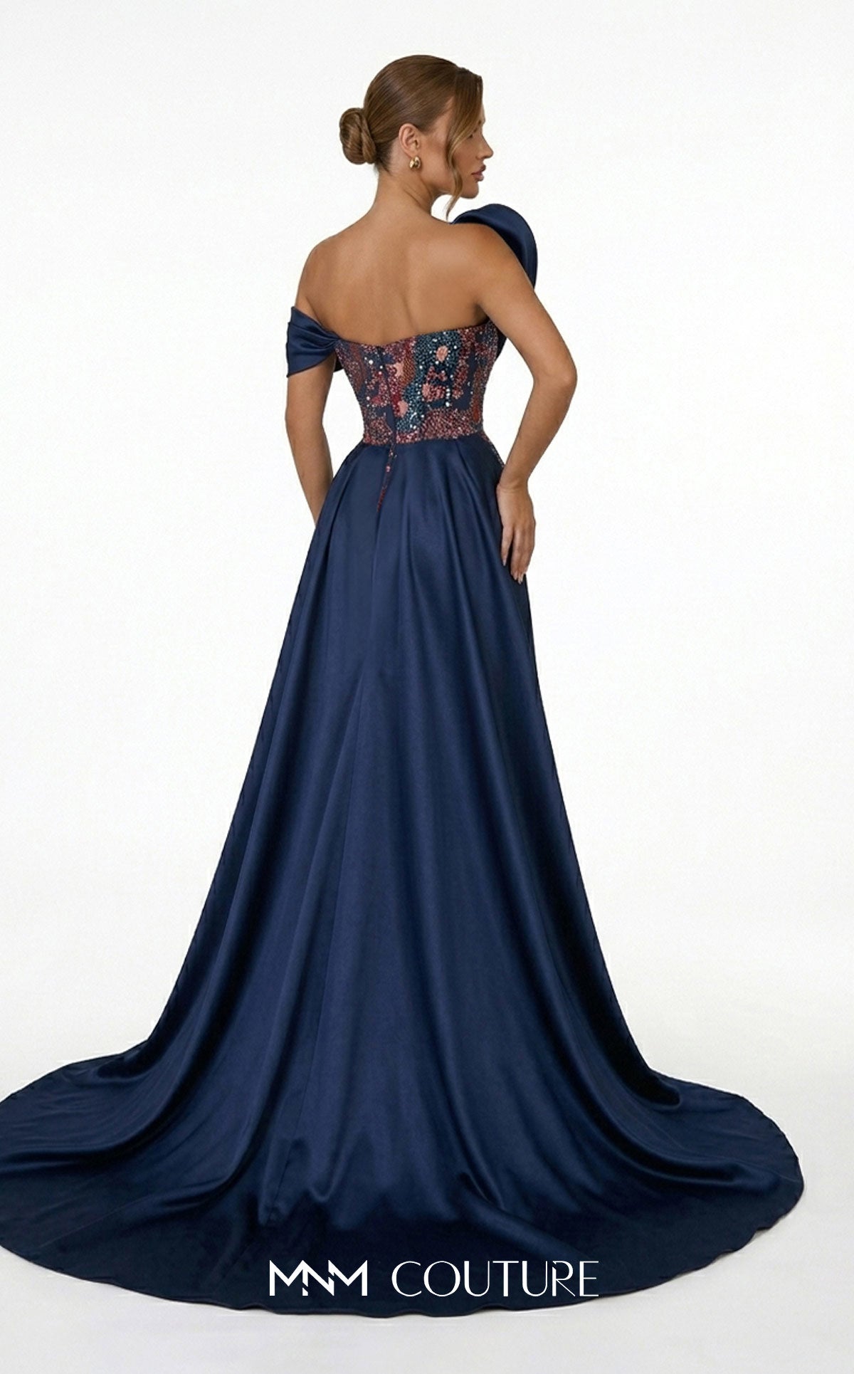 Off-the-Shoulder Floor-Length Satin Evening Mermaid MNM Couture F03044
