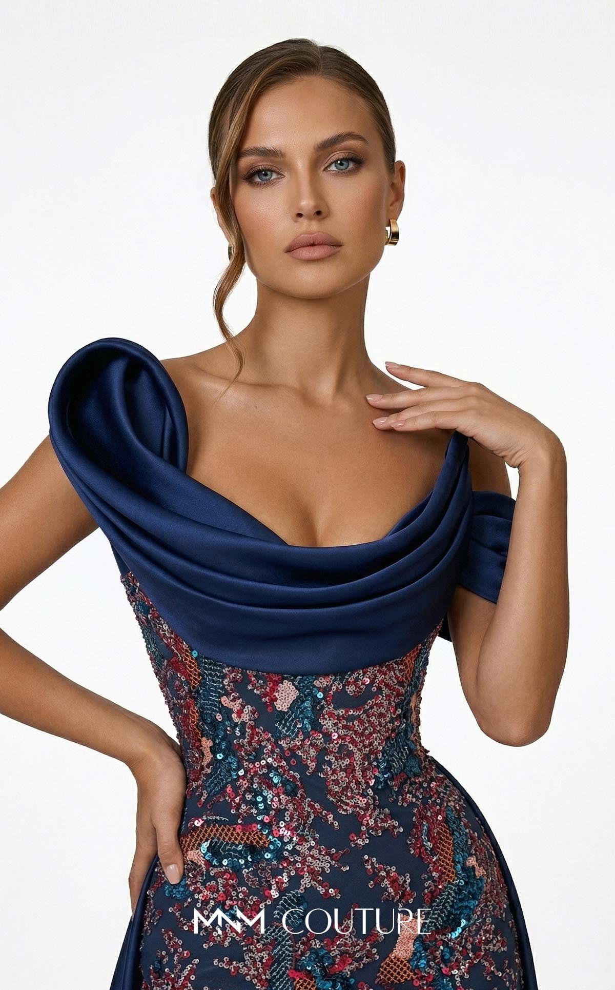 Off-the-Shoulder Floor-Length Satin Evening Mermaid MNM Couture F03044