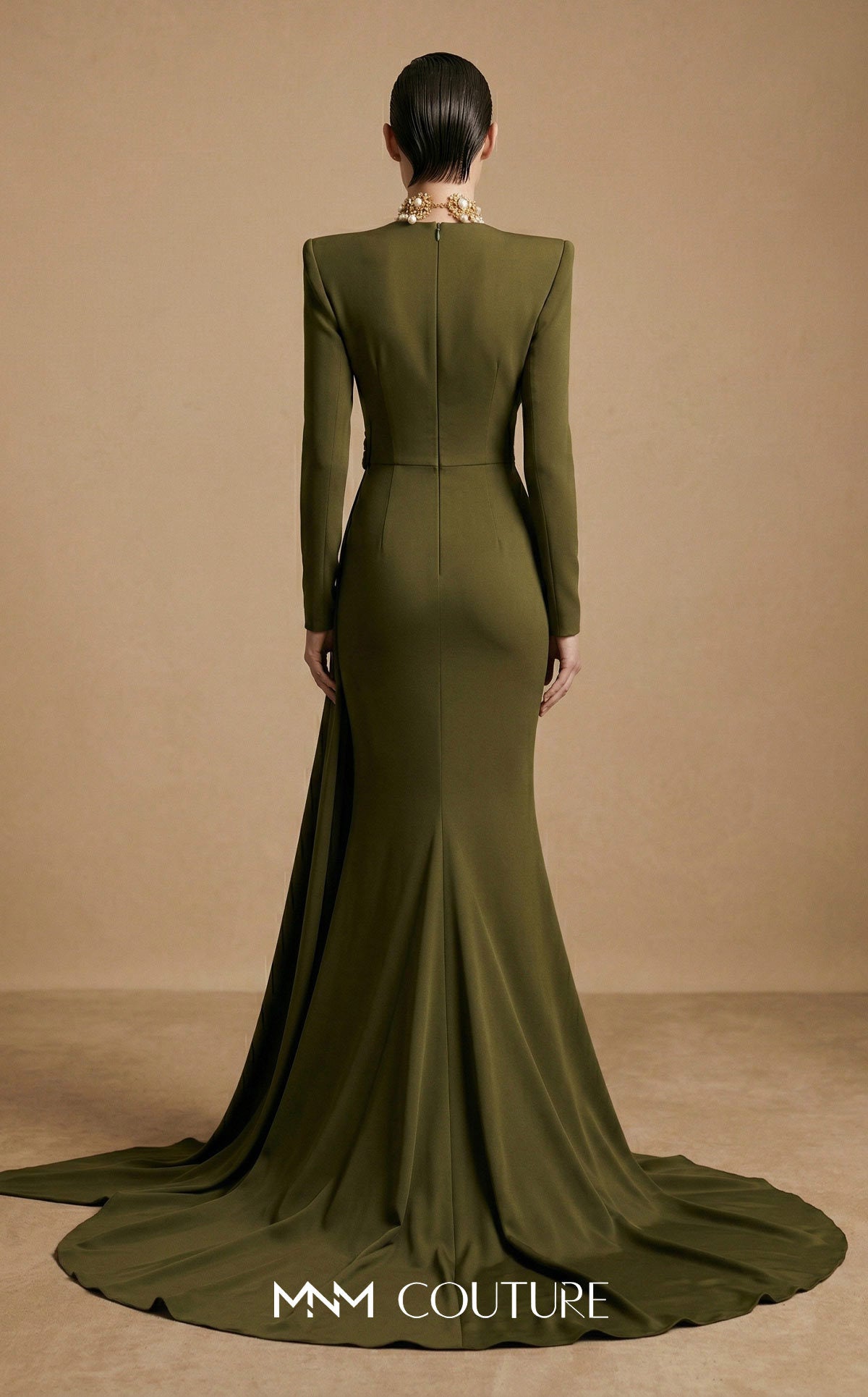 V-Neck Floor-Length Jersey Evening Mermaid MNM Couture F03046