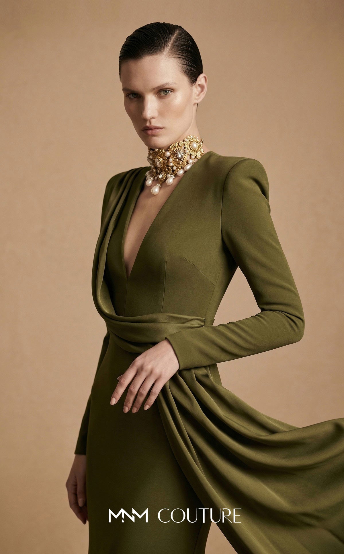 V-Neck Floor-Length Jersey Evening Mermaid MNM Couture F03046
