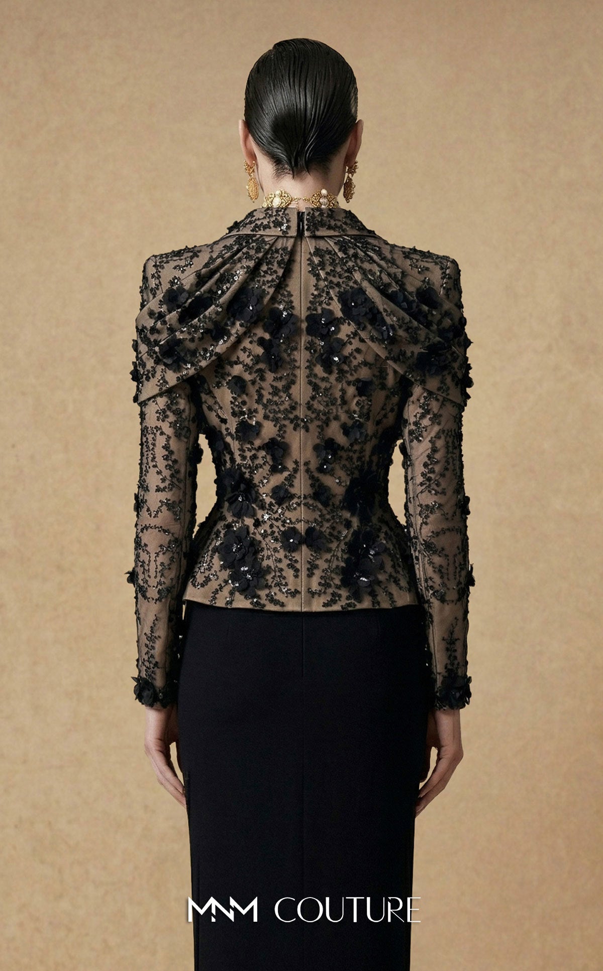 V-Neck Floor-Length Lace Formal Sheath MNM Couture F03047