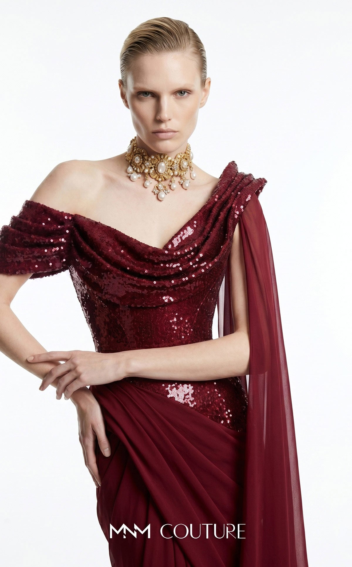 Off-the-Shoulder Floor-Length Sequin Formal Mermaid MNM Couture F03048