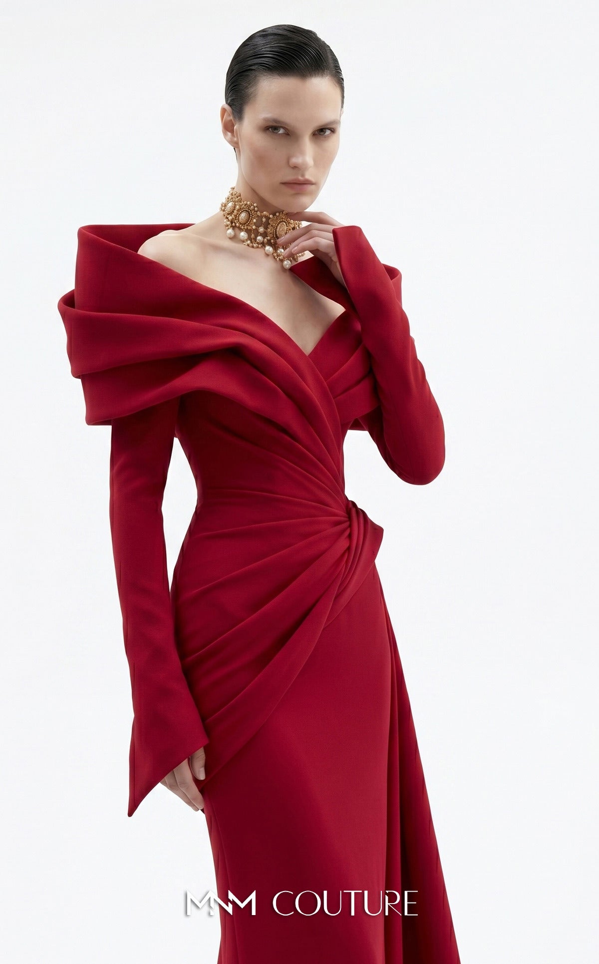 Off-the-Shoulder Floor-Length Crepe Evening Sheath/Column MNM Couture F03049