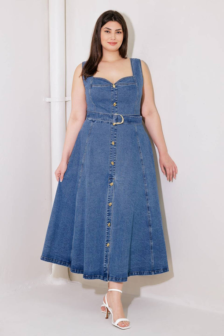 Denim Blue Sweetheart Midi Cotton Cocktail Button-Down A-Line Belted Dress Flying Tomato FD1227