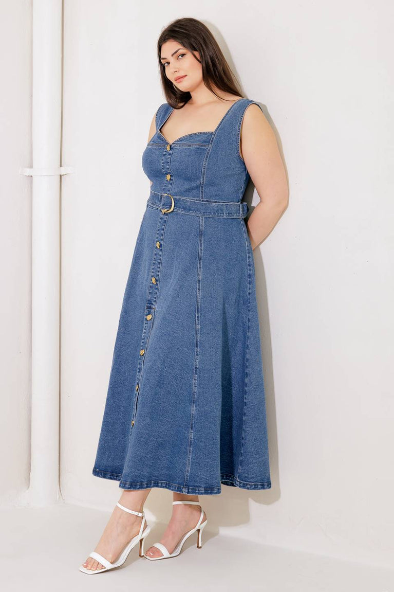 Denim Blue Sweetheart Midi Cotton Cocktail Button-Down A-Line Belted Dress Flying Tomato FD1227