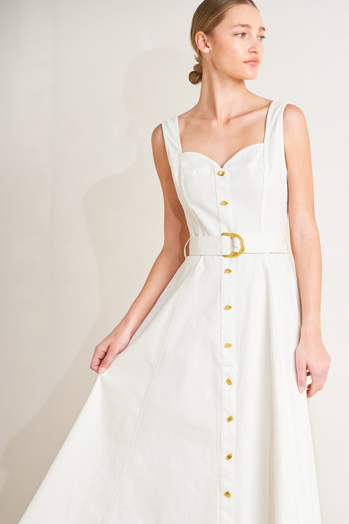 White Sweetheart Midi Cotton Cocktail Button-Down A-Line Belted Dress Flying Tomato FD1227