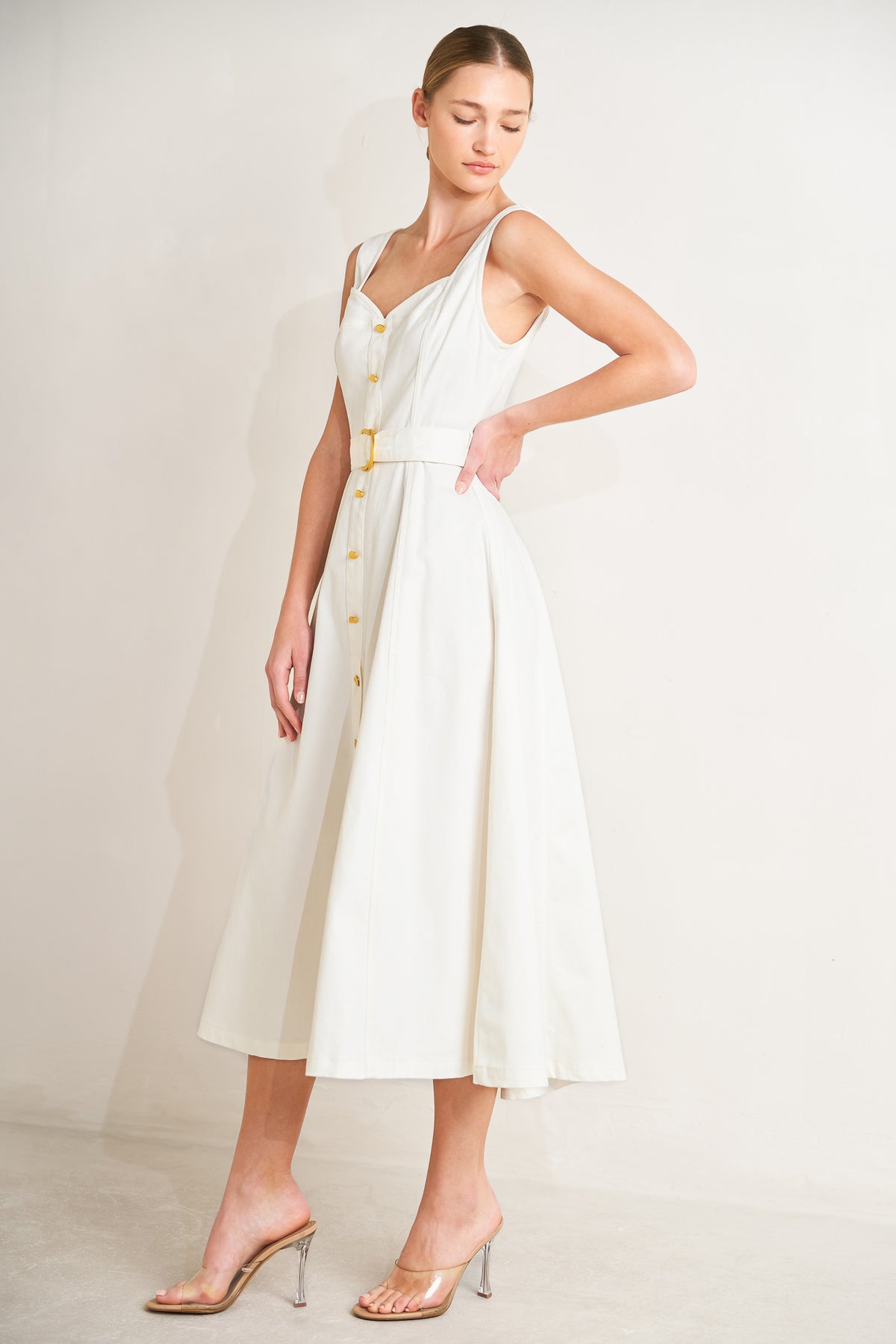 White Sweetheart Midi Cotton Cocktail Button-Down A-Line Belted Dress Flying Tomato FD1227