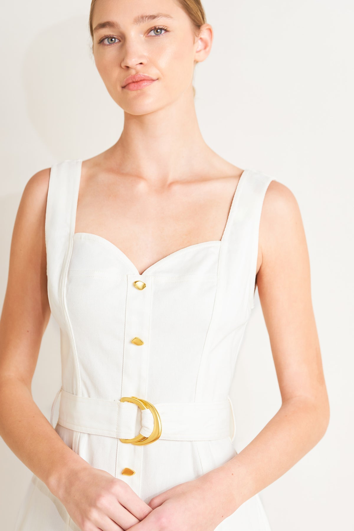 White Sweetheart Midi Cotton Cocktail Button-Down A-Line Belted Dress Flying Tomato FD1227