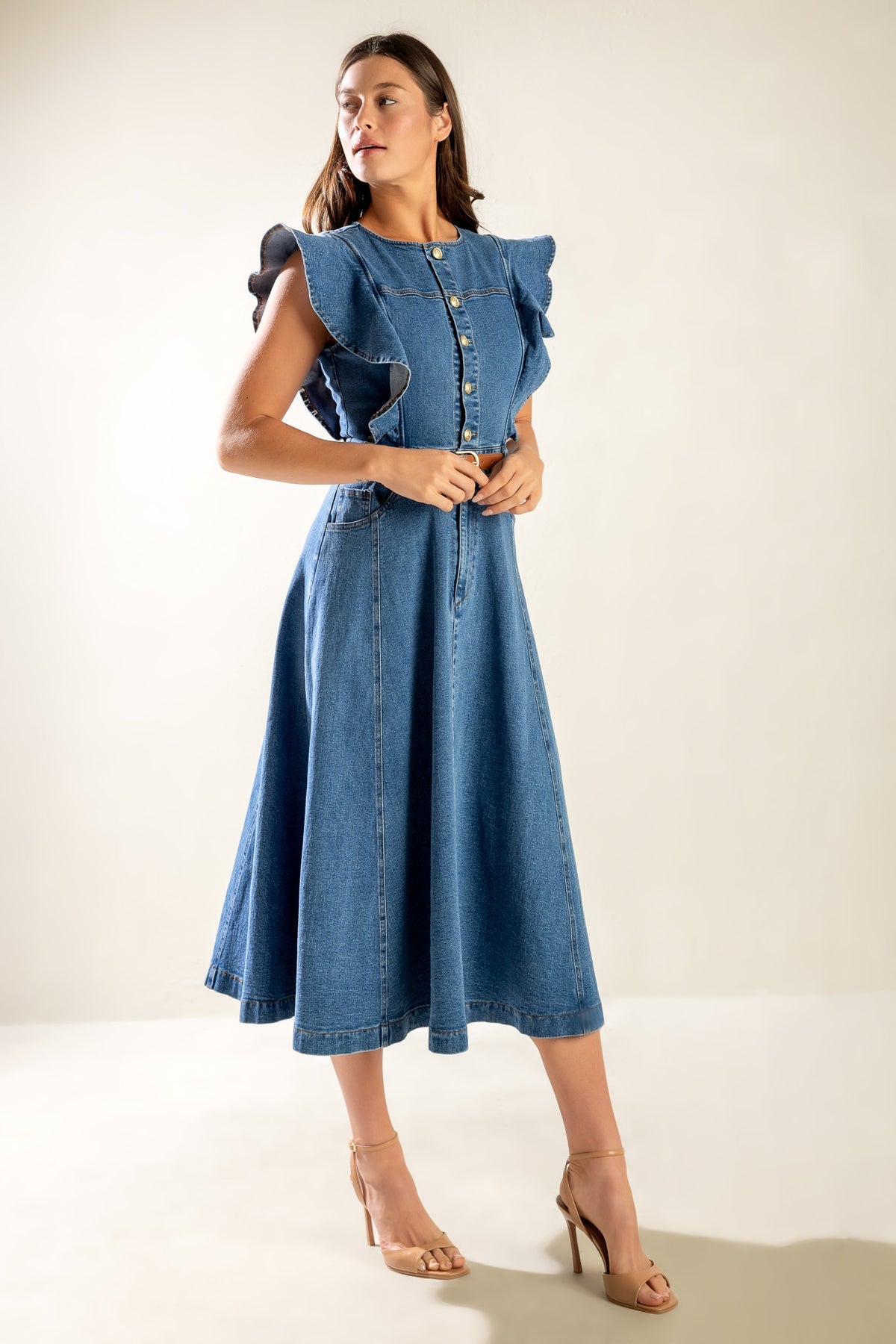 Indigo Denim Round Neck Midi Length Woven Casual Dress with Ruffle Sleeves and Belt Detail Flying Tomato FD1366