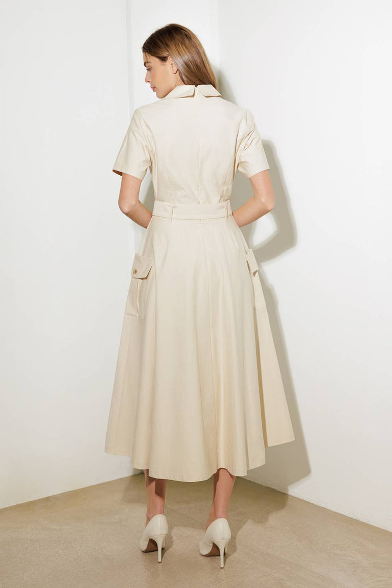 Almond Notched Lapel Midi Cotton Poplin Wrap Cocktail Dress with Belt Flying Tomato FD1378