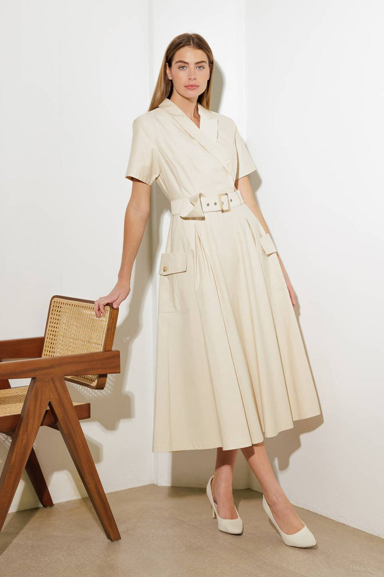 Almond Notched Lapel Midi Cotton Poplin Wrap Cocktail Dress with Belt Flying Tomato FD1378