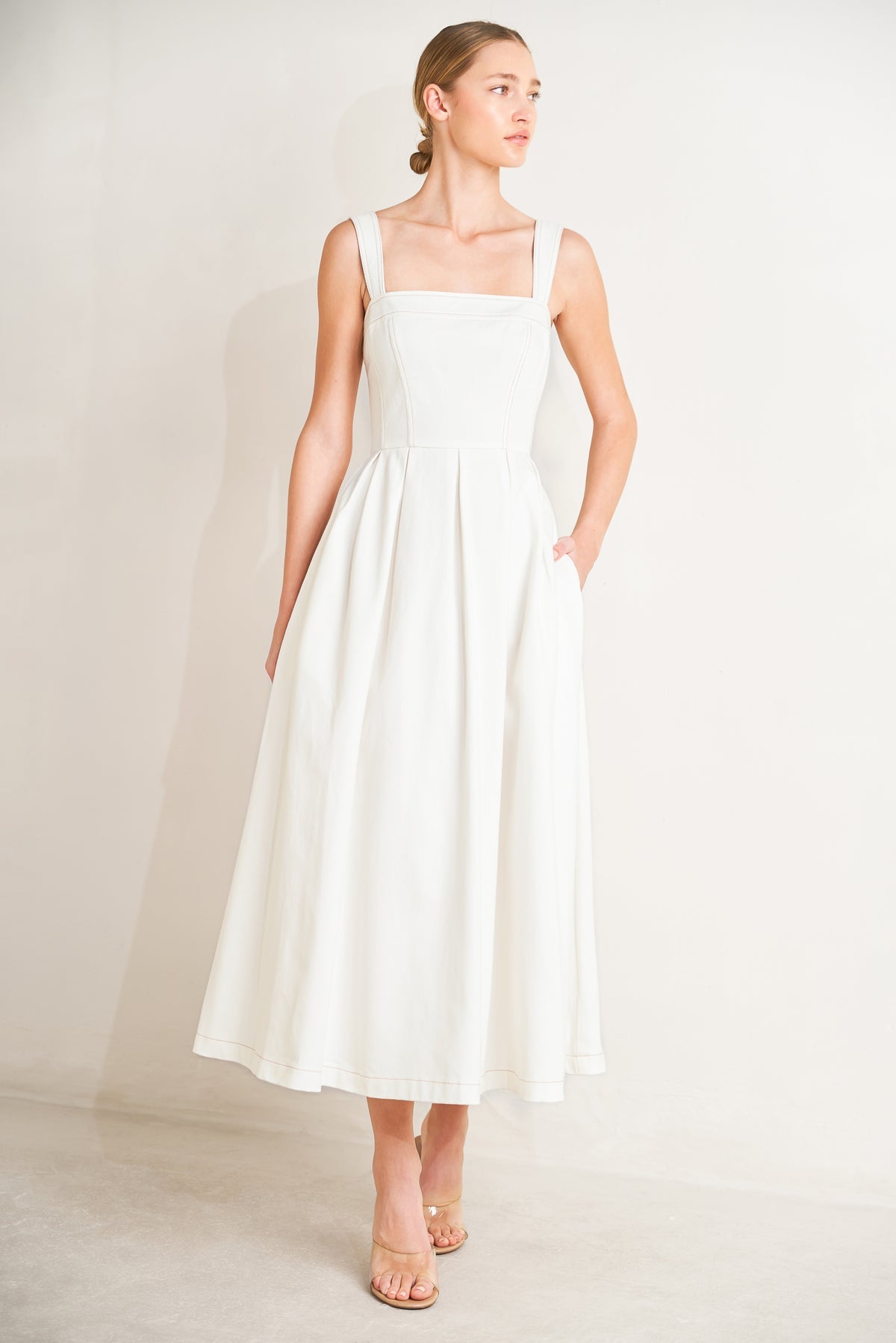 Off White Square Neck Midi Woven Cotton Cocktail Garden Party A-Line Dress Flying Tomato FD1403