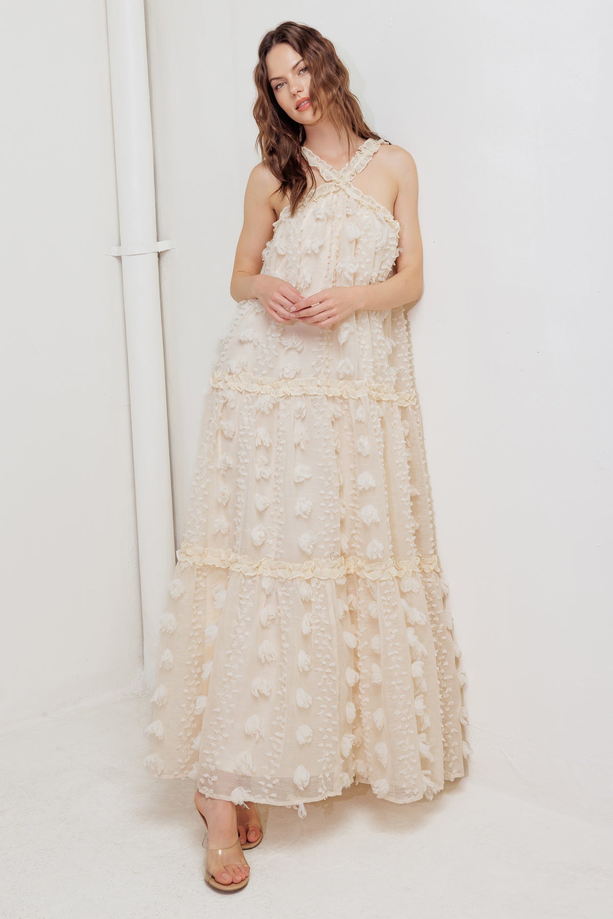 Prom Dresses Long Formal Ruffle A Line 3D Floral Prom Dress Flying Tomato FD1614 Cream