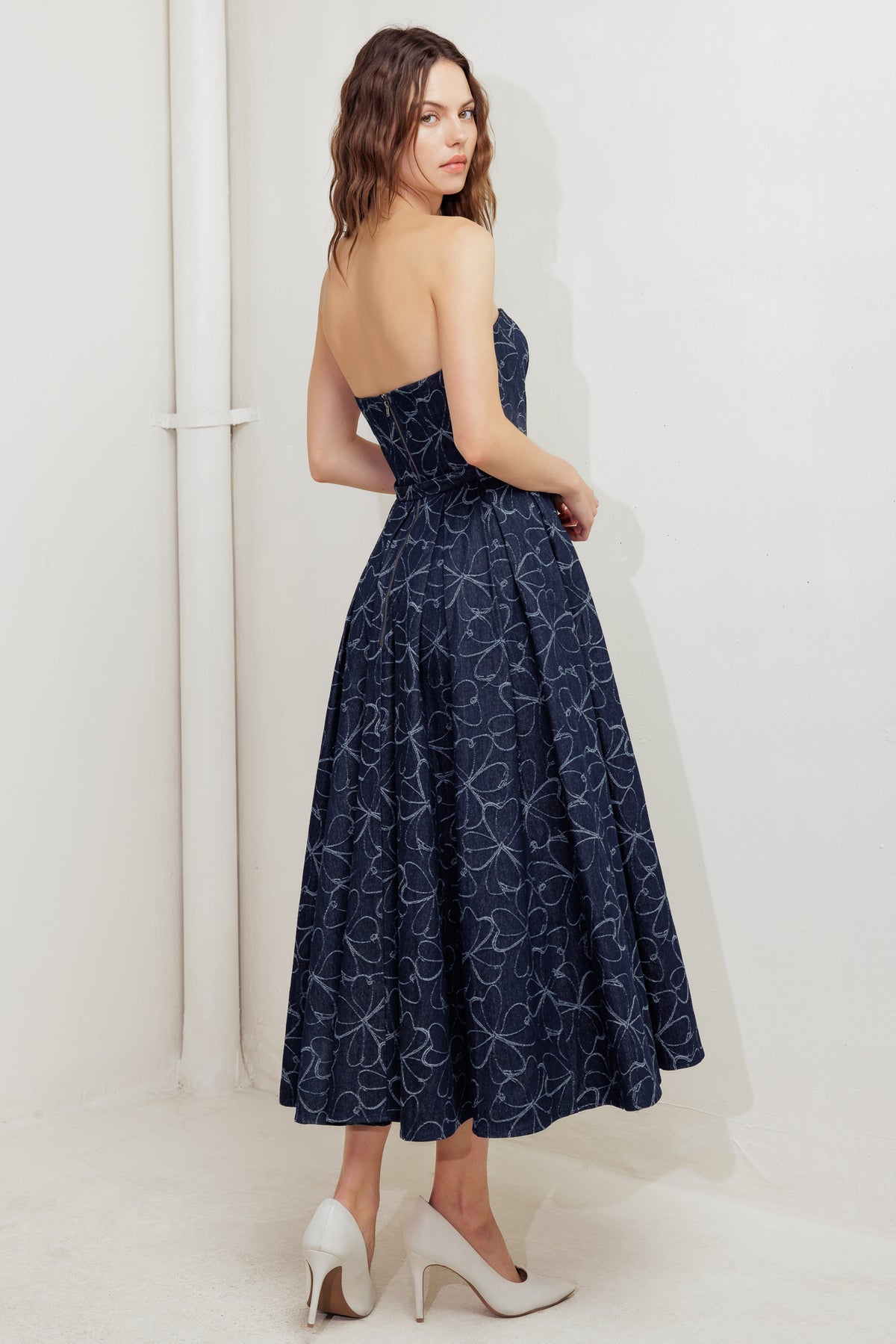 Cocktail Dresses Floral Print Short A Line Pleated Tea Length Cocktail Dress Flying Tomato FD1653 Denim