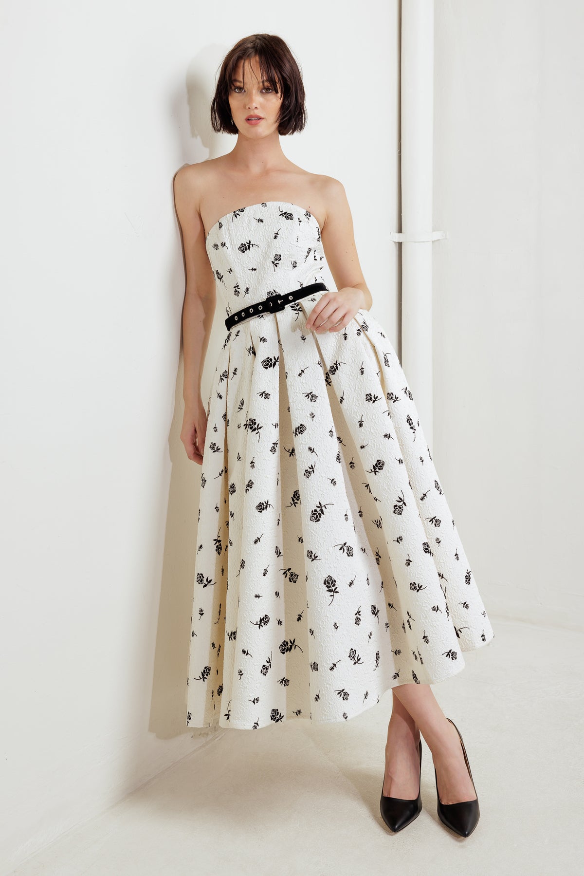 Cocktail Dresses Tea Length Pleated Short Floral Print Cocktail Dress Flying Tomato FD1773 Cream/Black