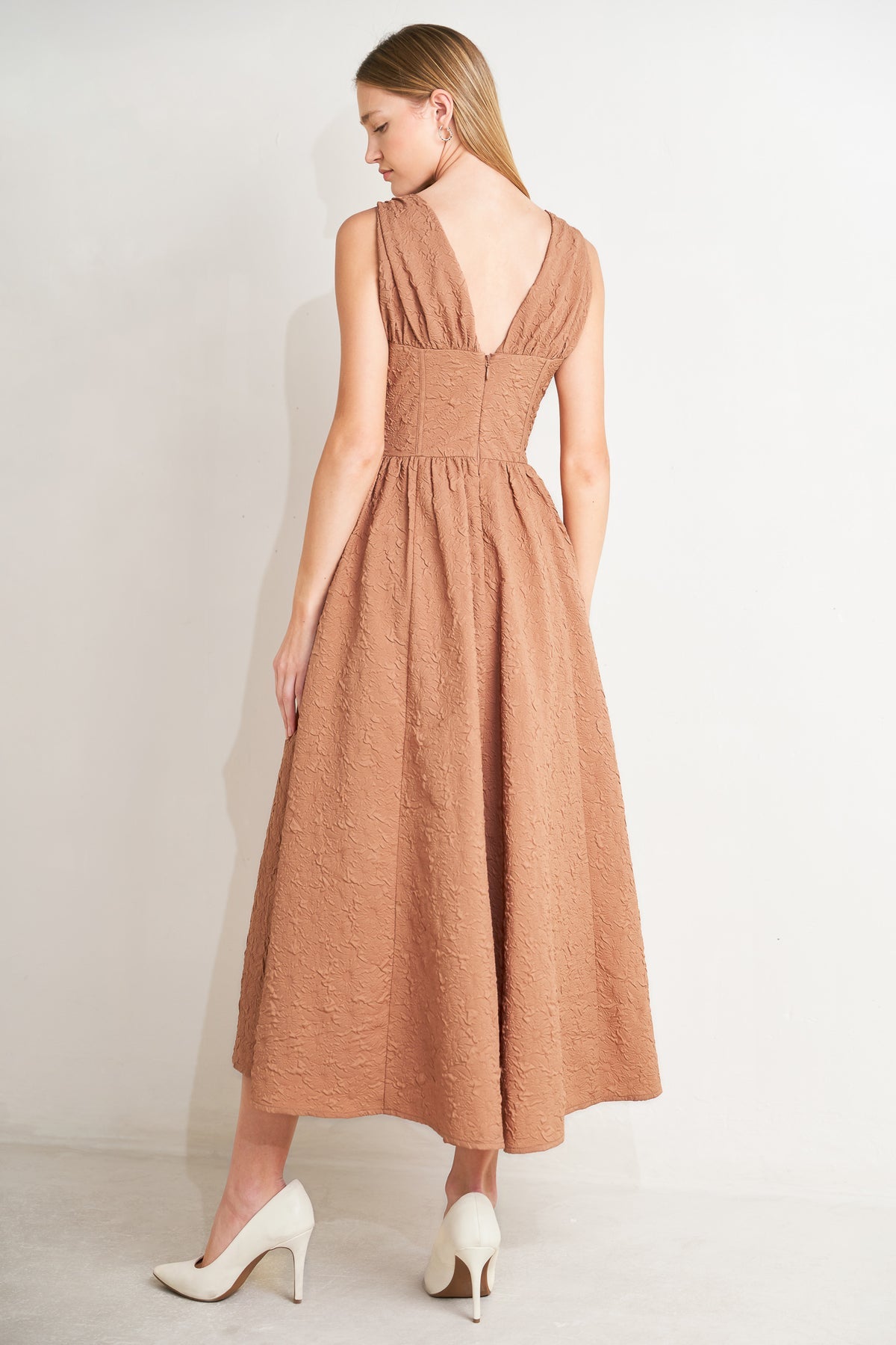 Mocha Rose V-Neck Midi WovenCocktail Party A-Line Dress with Tie-Front Flying Tomato FD1840