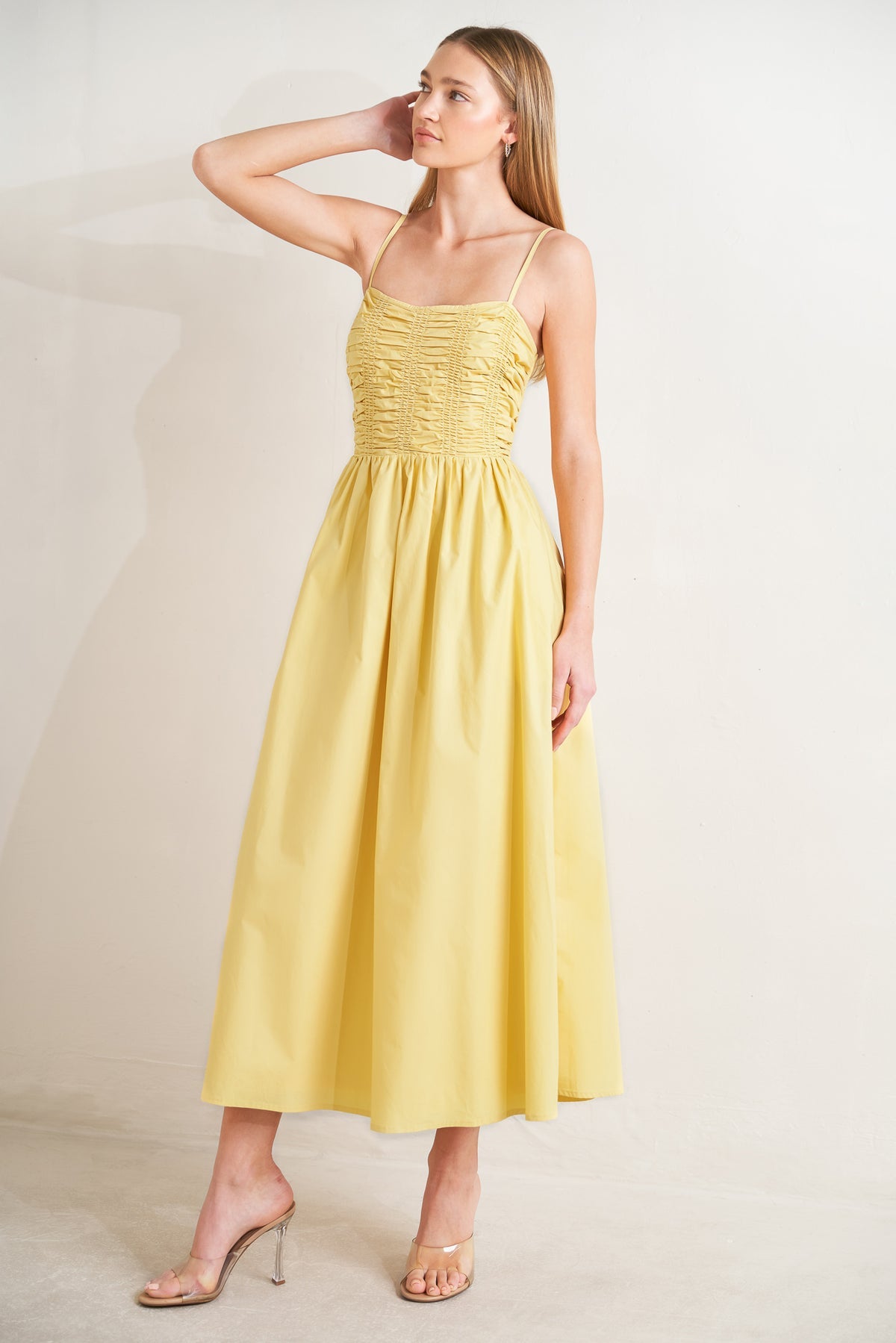 Olive Square Neck Midi Cotton Cocktail Dress with Ruched Bodice and Adjustable Straps Flying Tomato FD1861
