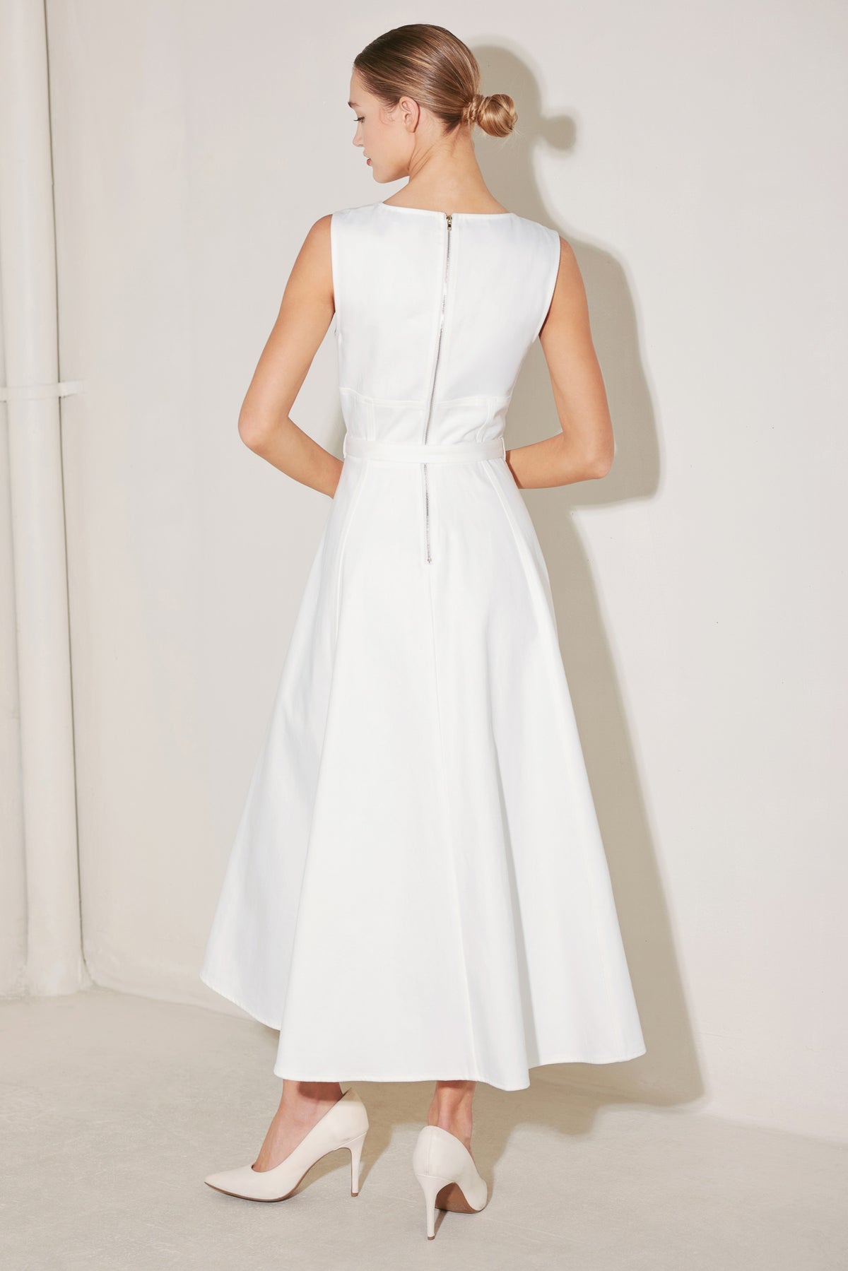 White Square Neck Midi Length Woven Casual Dress with Button Front and Corset Waist Flying Tomato FD1868