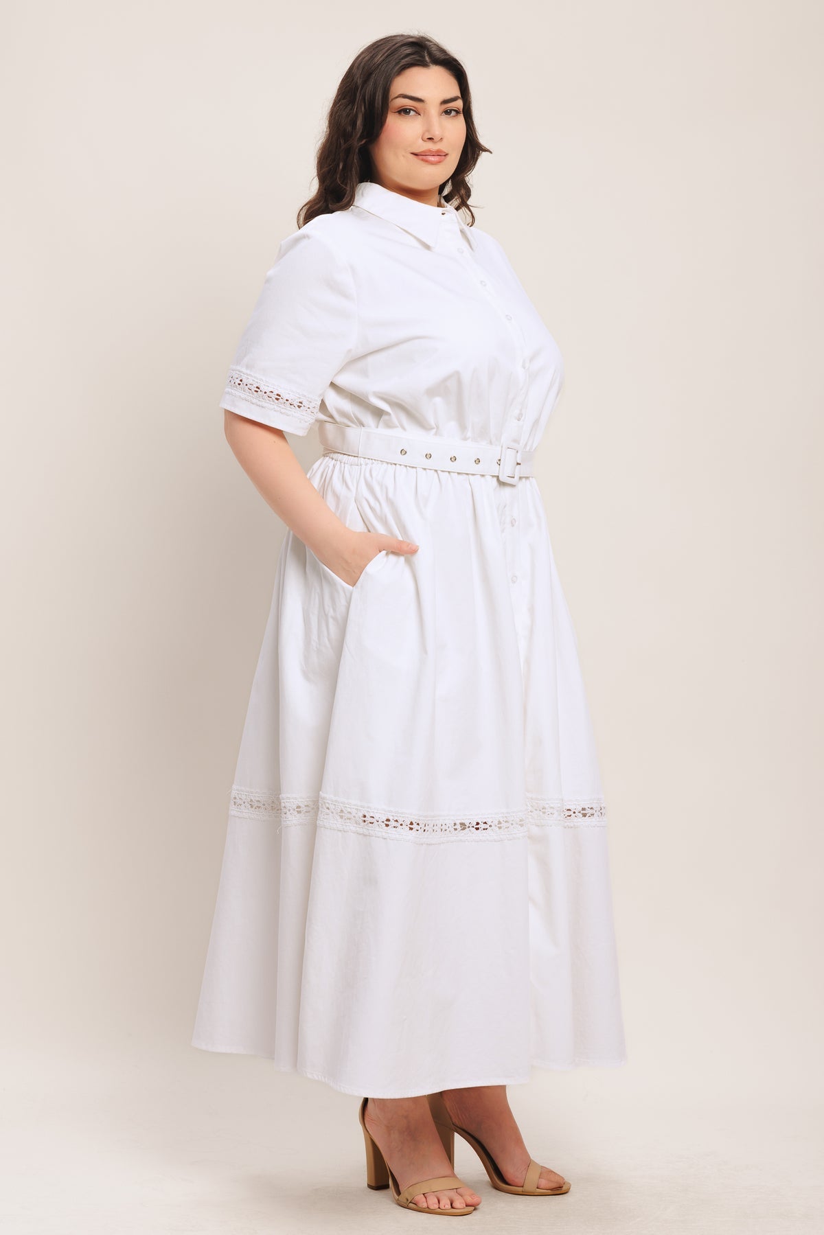White Collared Midi Cotton Shirt Cocktail Dress Button Front Belted Fit and Flare Dress Flying Tomato FD1872