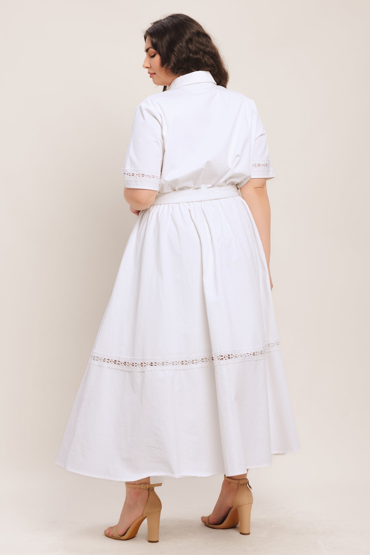 White Collared Midi Cotton Shirt Cocktail Dress Button Front Belted Fit and Flare Dress Flying Tomato FD1872