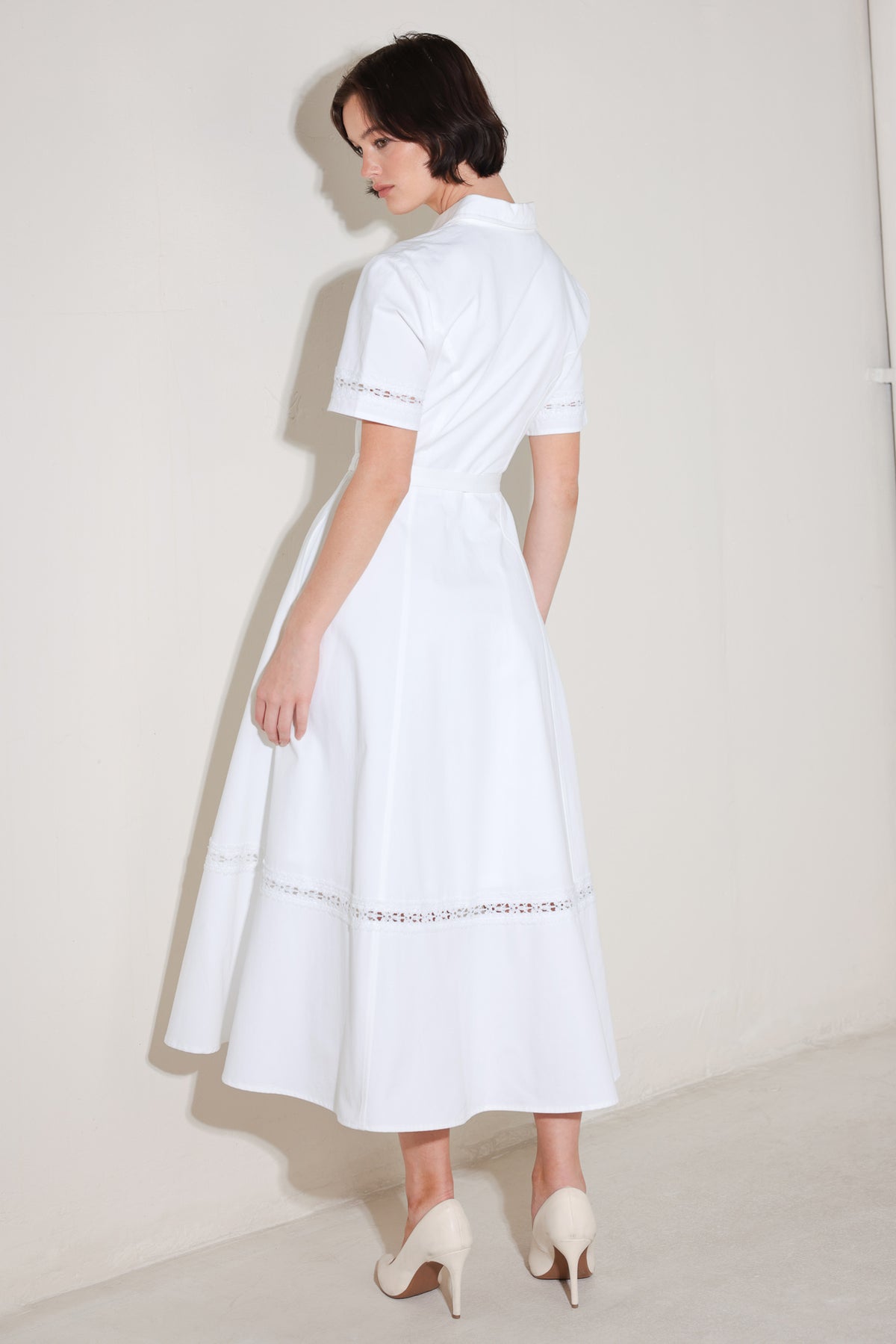 White Collared Midi Cotton Shirt Cocktail Dress Button Front Belted Fit and Flare Dress Flying Tomato FD1872