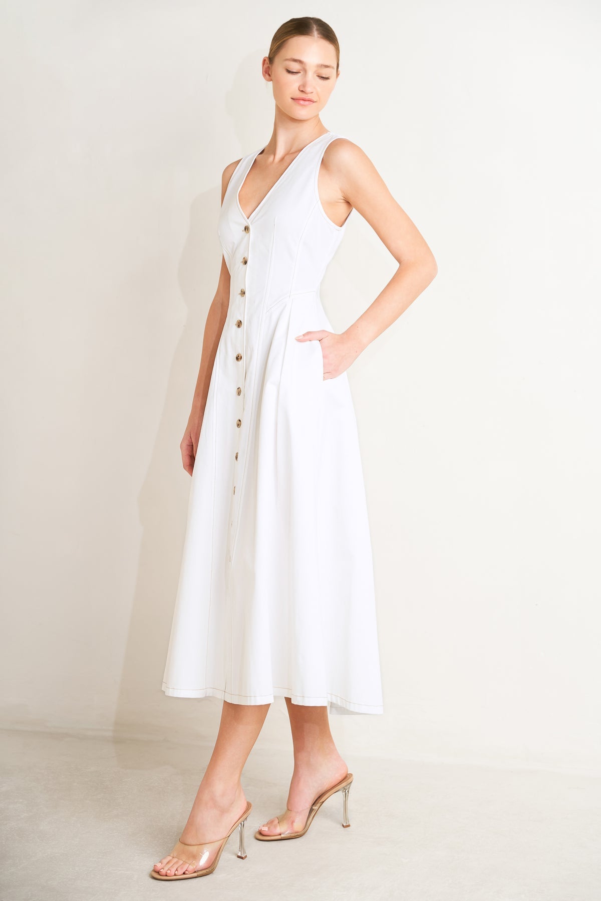 White V Neck Midi Cotton Casual A Line Dress with Button Front The Dress Flying Tomato FD1884