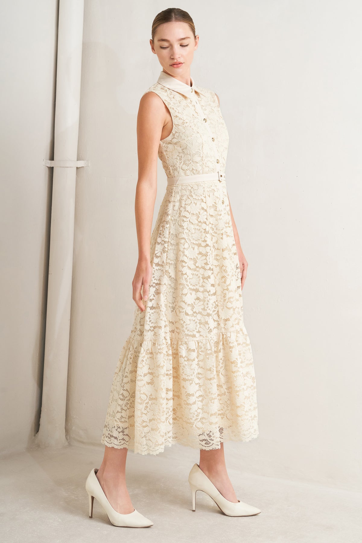 Cream Collared Tea-Length Woven Lace Cocktail Sleeveless Button-Down Belted Dress Flying Tomato FD1887