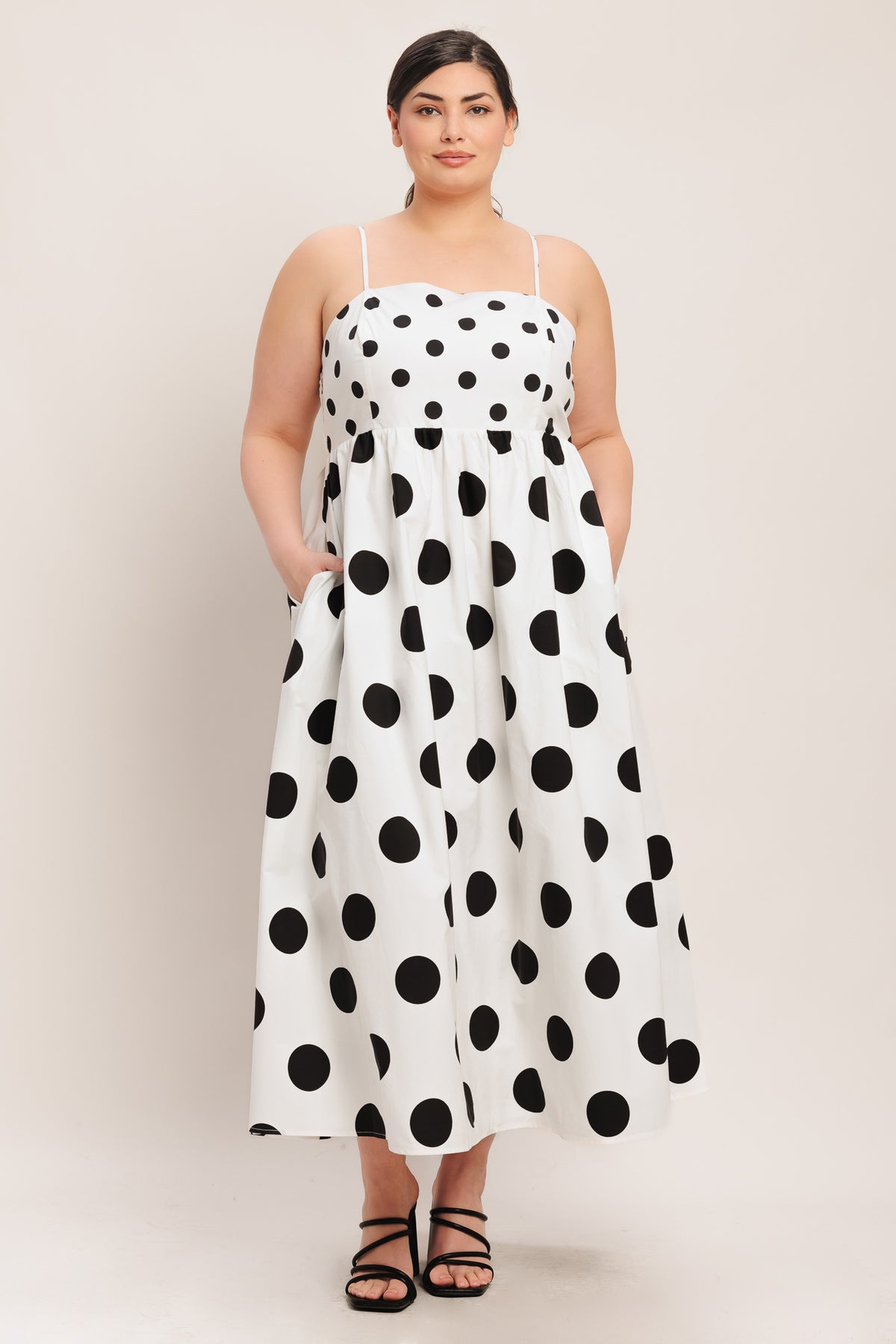 White/Black Square Neck Midi Woven Cocktail Dress Polka Dot A-Line Dress Flying Tomato FD1890