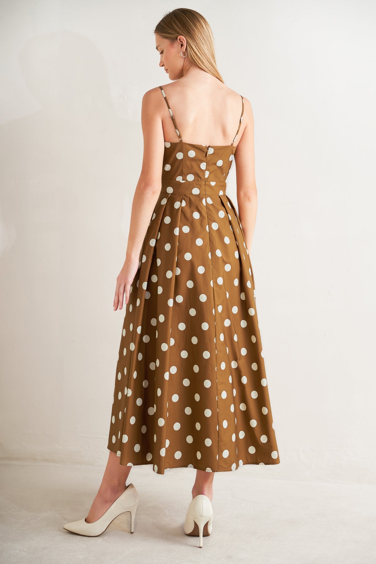 Brown/White Straight Neck Polka Dot Midi Casual Dress with Circle Flying Tomato FD1898