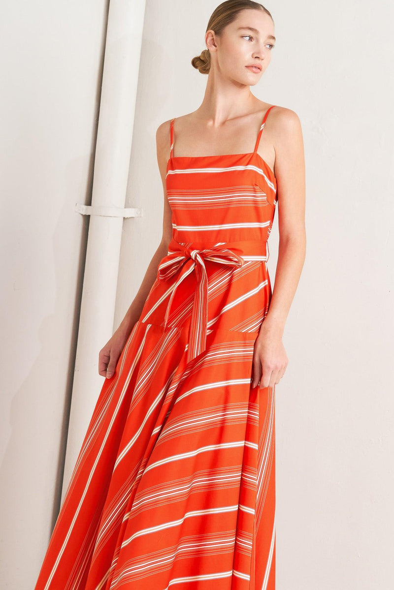 Square Neck Midi Crepe Wedding Guest A-Line Dress Flying Tomato FD1909