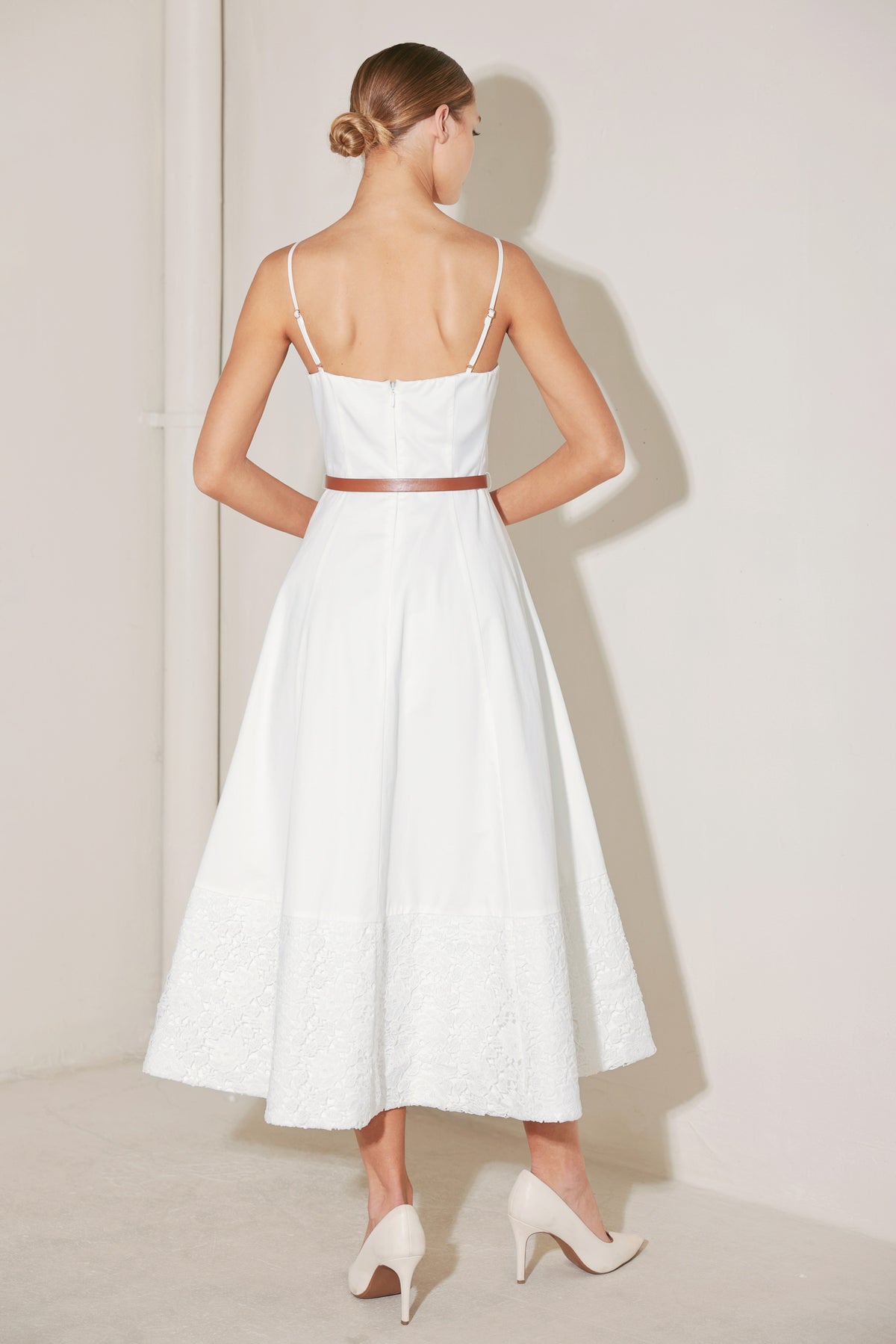 White Straight Neck Midi Length Woven Casual Dress with Lace Hem and Belt Detail Flying Tomato FD1928