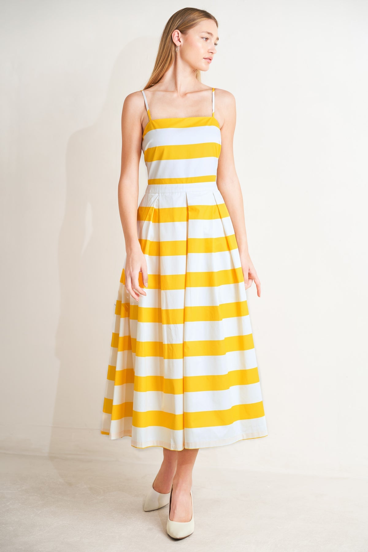 White/Yellow Square Neck Midi Woven Cocktail Garden Party A-Line Dress Flying Tomato FD1935