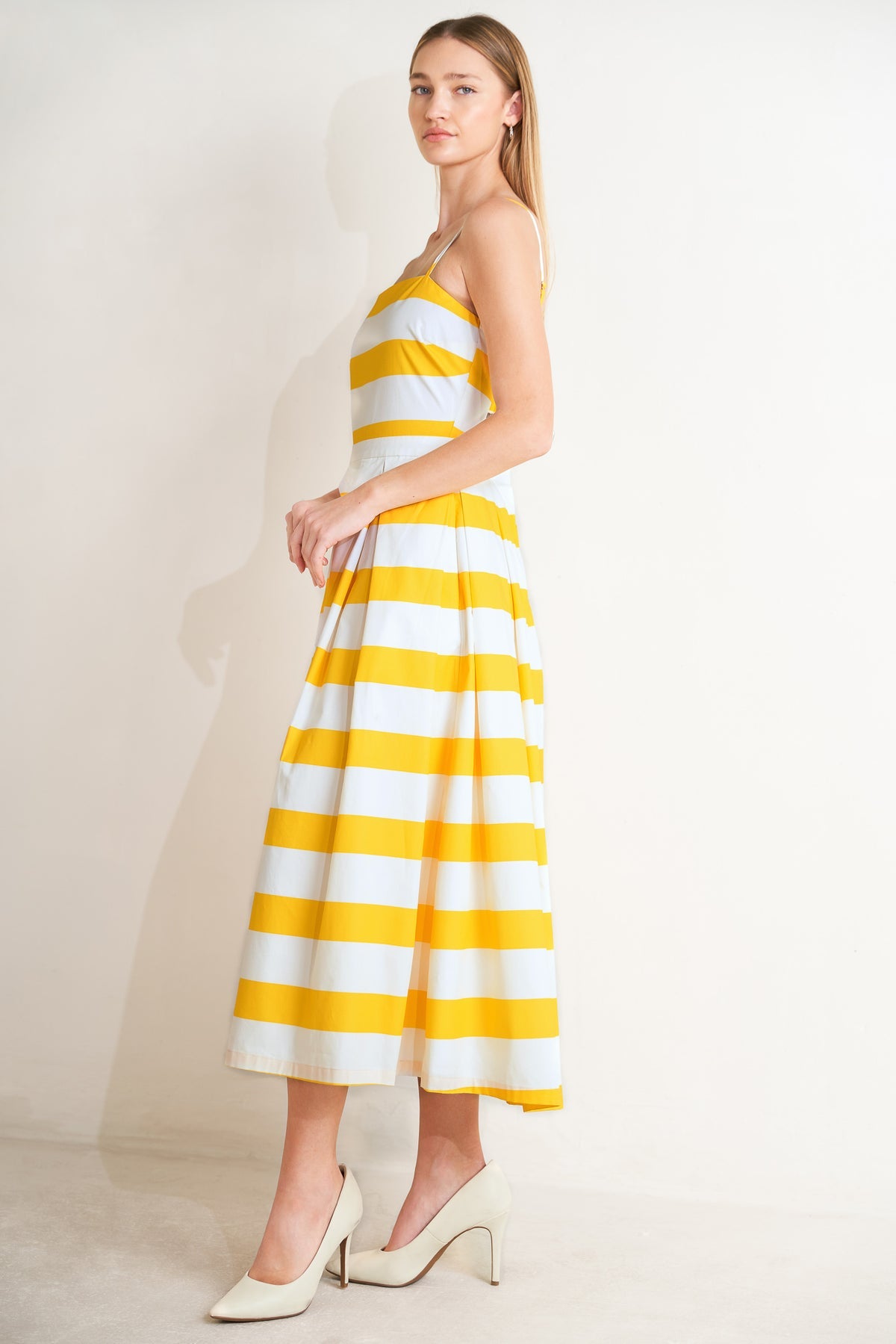 White/Yellow Square Neck Midi Woven Cocktail Garden Party A-Line Dress Flying Tomato FD1935