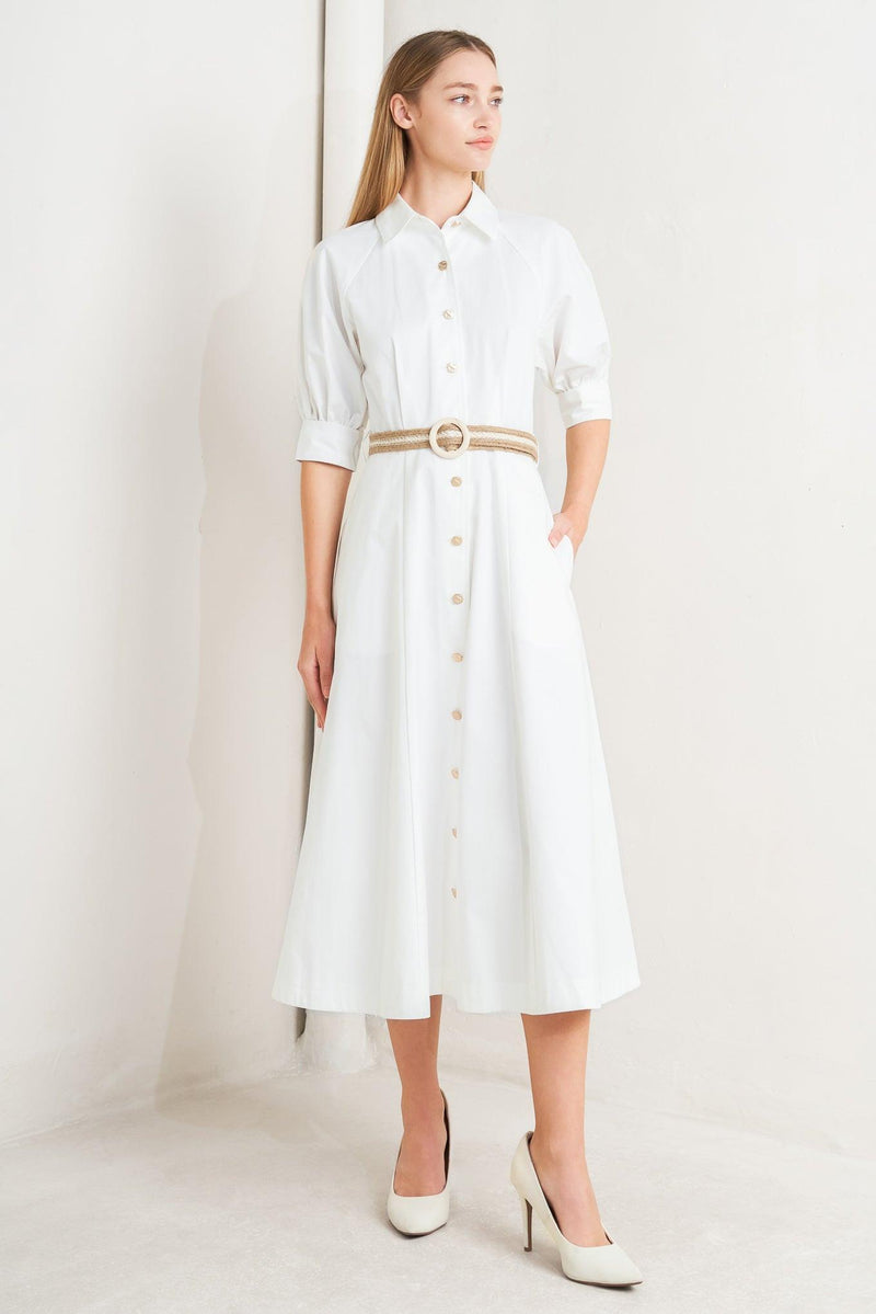 Crew Neck Midi Crepe Elegant A-Line Shirt Dress Flying Tomato FD1944