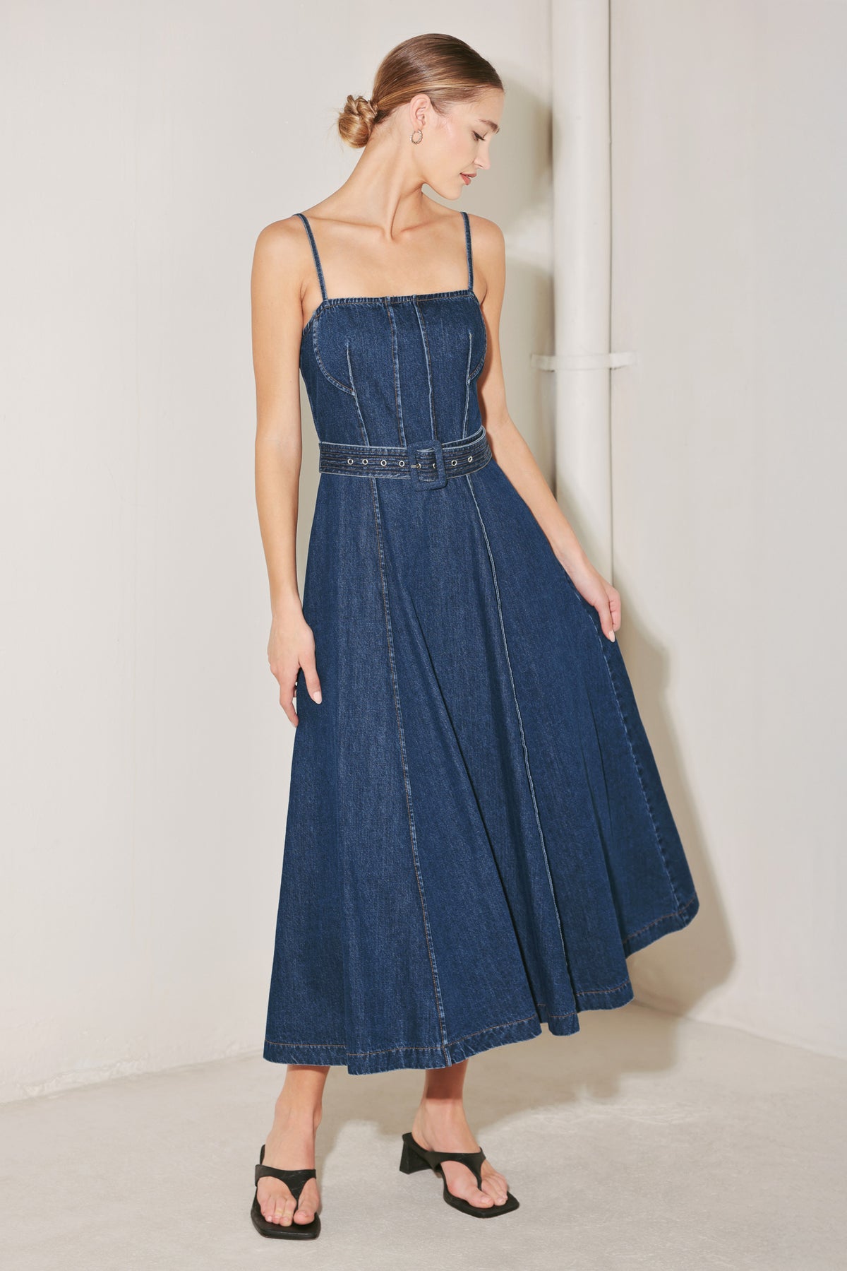 Indigo Straight Neck Denim Midi Casual Dress with Belt and Circle Skirt Flying Tomato FD1951
