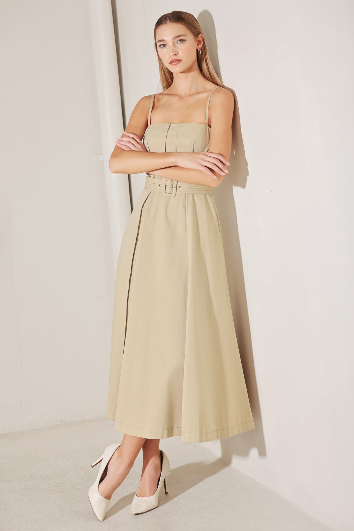 Taupe Straight Neck Denim Midi Casual Dress with Belt and Circle Skirt Flying Tomato FD1951