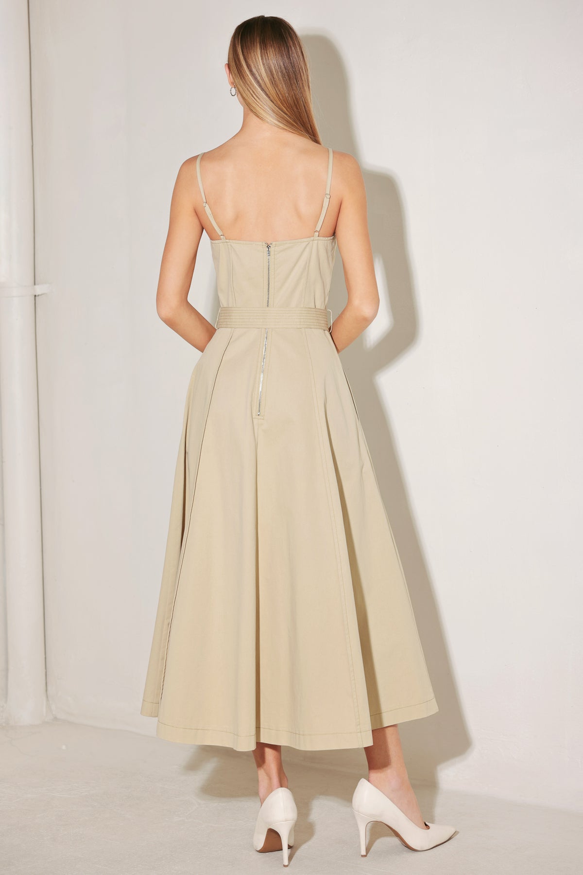 Taupe Straight Neck Denim Midi Casual Dress with Belt and Circle Skirt Flying Tomato FD1951