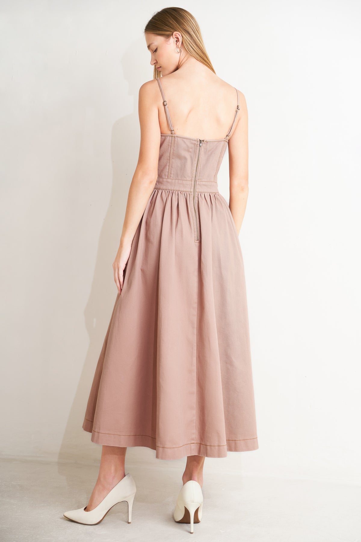 Washed Pink Sweetheart Midi Cotton Twill Cocktail A-Line Dress with Corset Bodice Flying Tomato FD1952