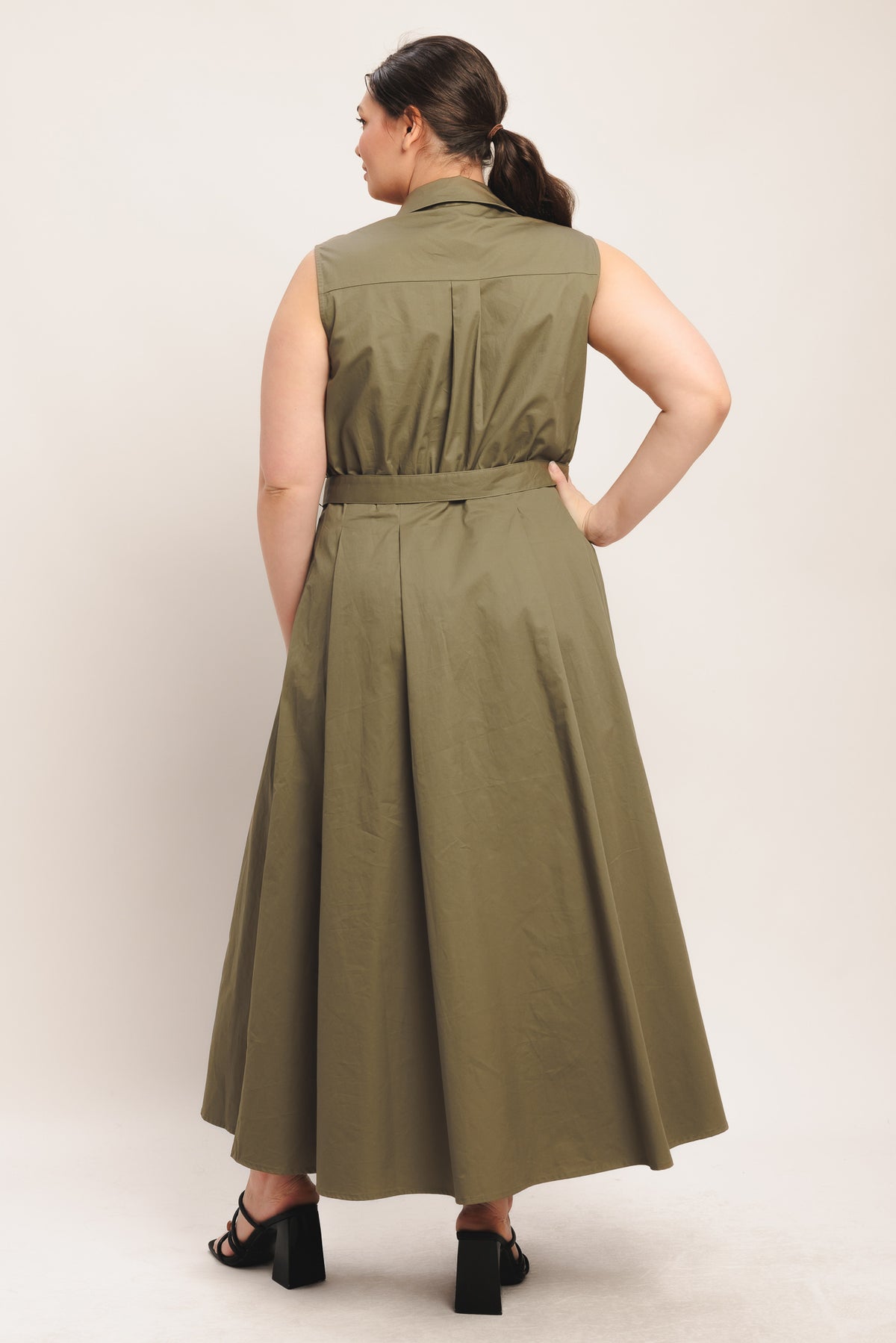 Olive Collared Midi Cotton Cocktail Dress Button Front Fit and Flare Dress Flying Tomato FD1971