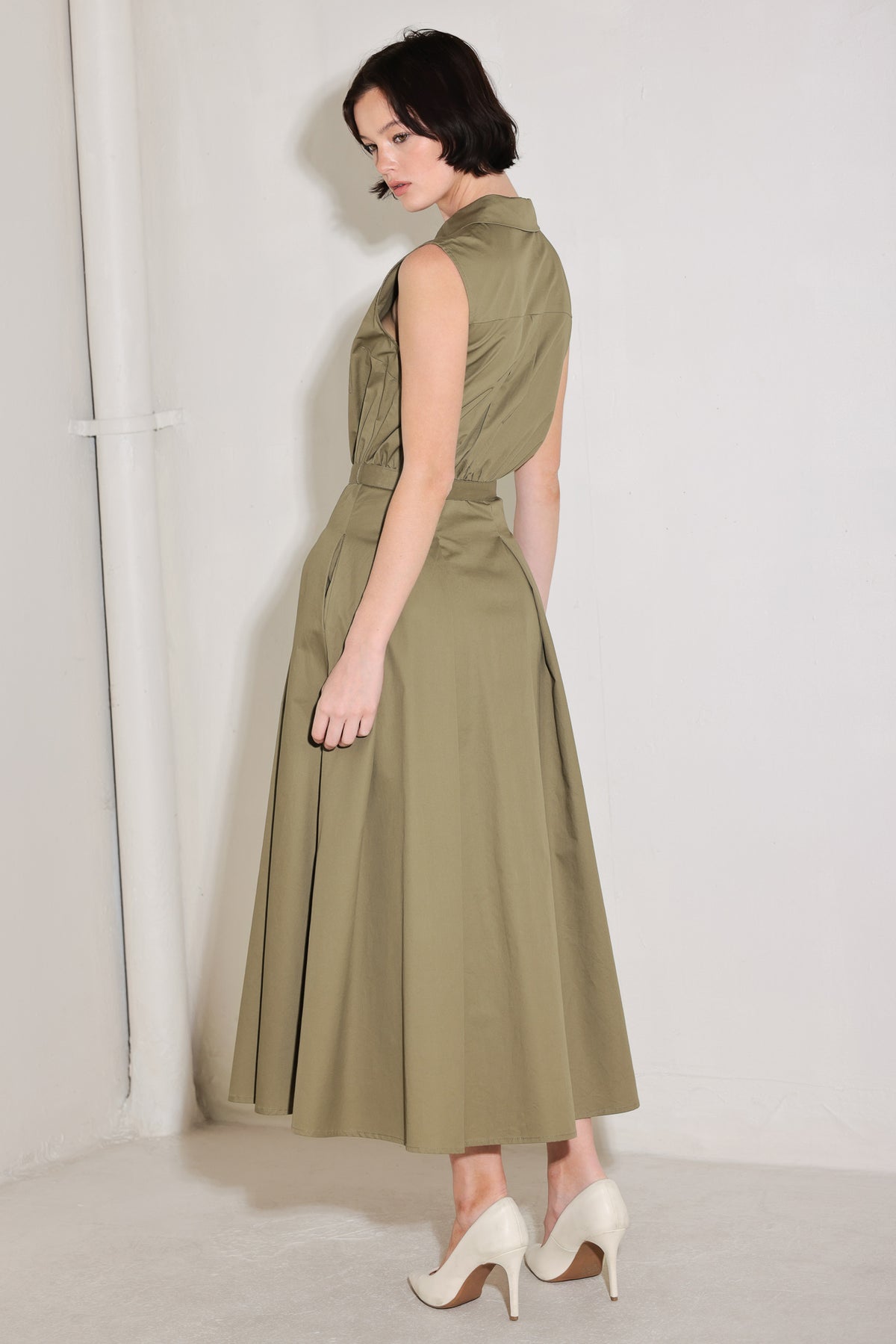 Olive Collared Midi Cotton Cocktail Dress Button Front Fit and Flare Dress Flying Tomato FD1971