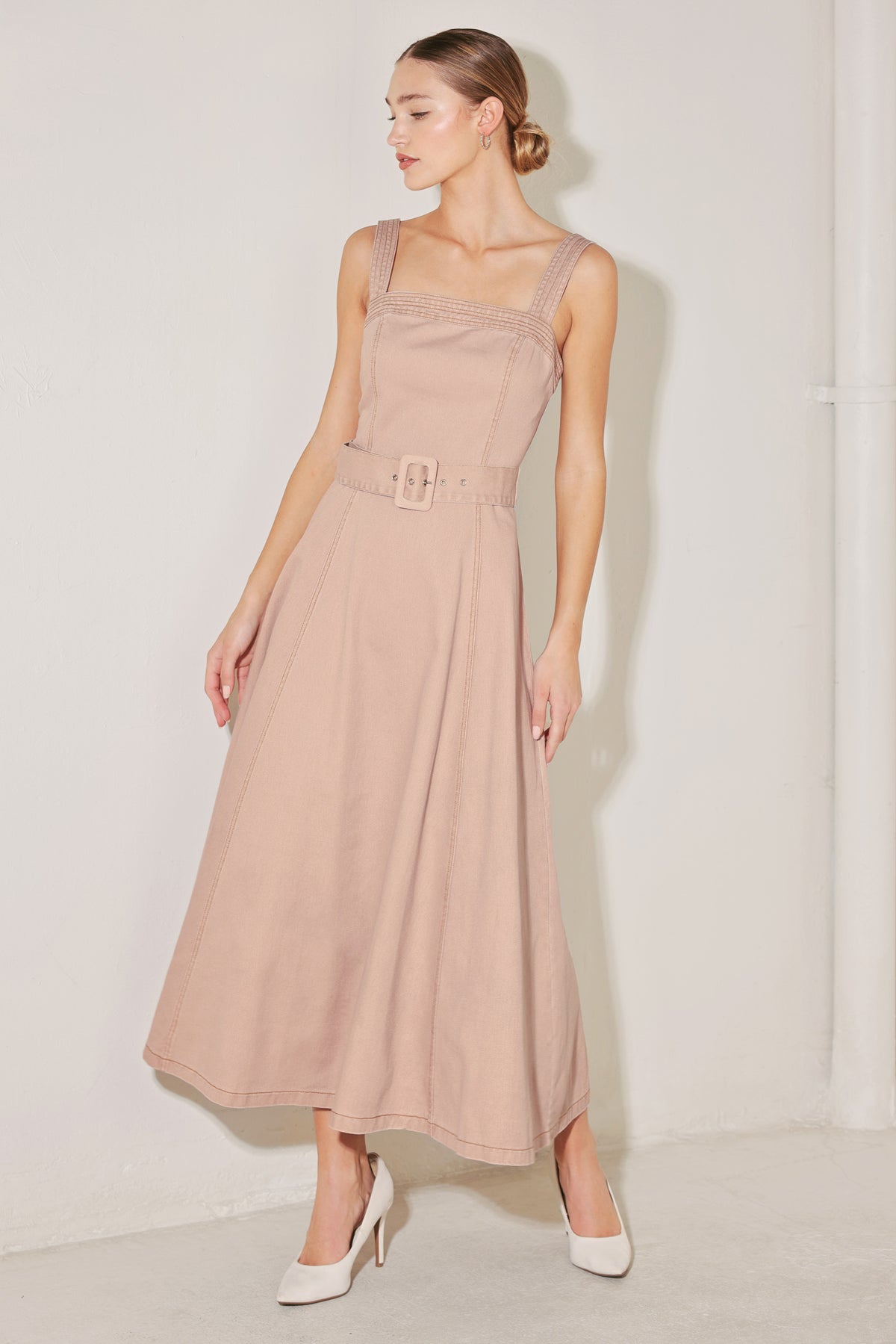Blush Straight Neck Tea Length Woven Casual Dress with Belt Detail Flying Tomato FD1976