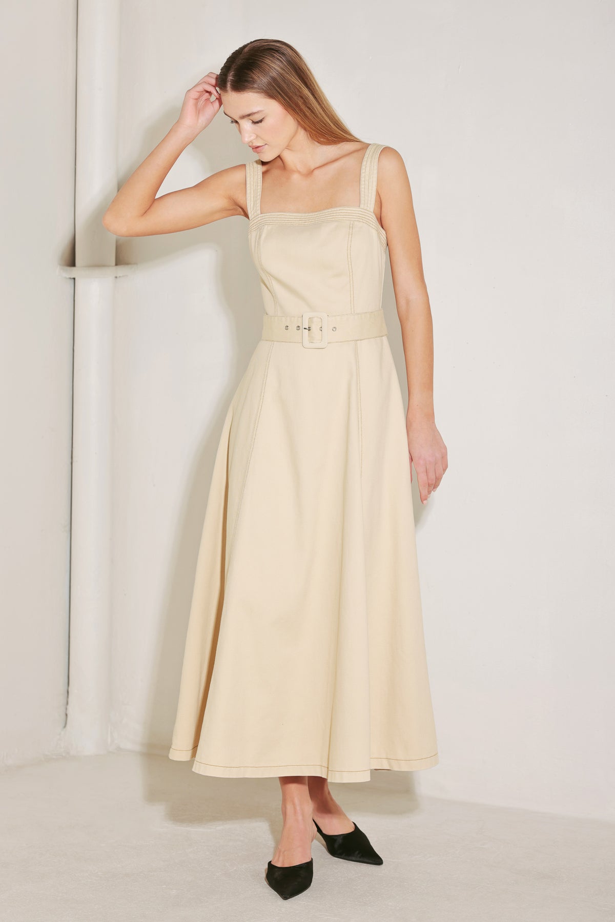 Neutral Straight Neck Tea Length Woven Casual Dress with Belt Detail Flying Tomato FD1976